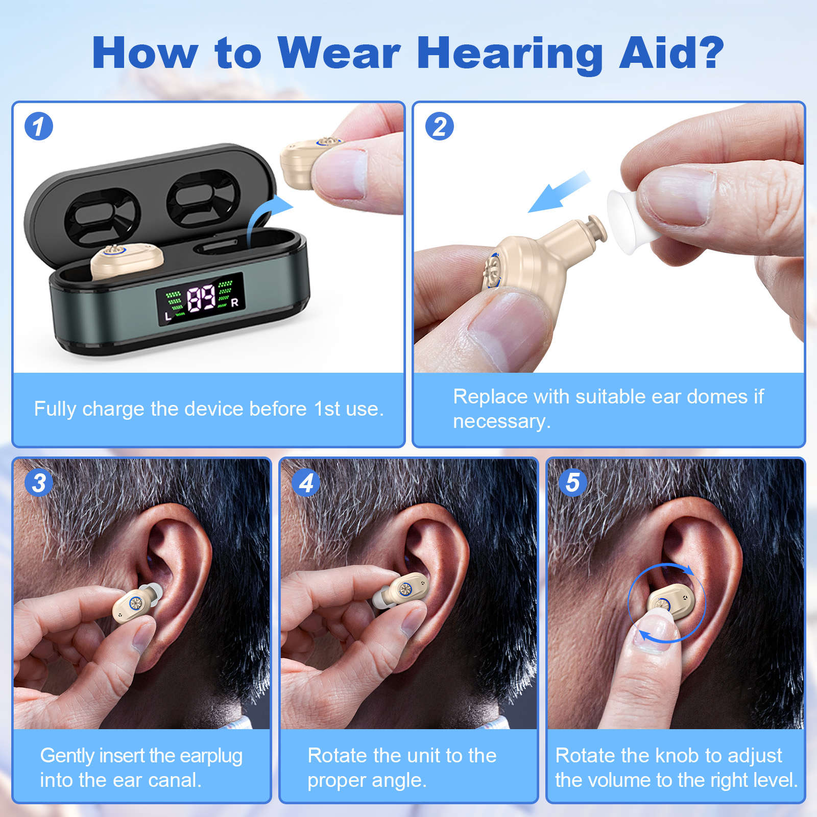 Rechargeable In-the-Ear Hearing Aids with Charging Case and LCD Display – Ultra-Compact Sound Amplifier for Seniors (Black & Green Case, Skin Tone Device) - Image 5