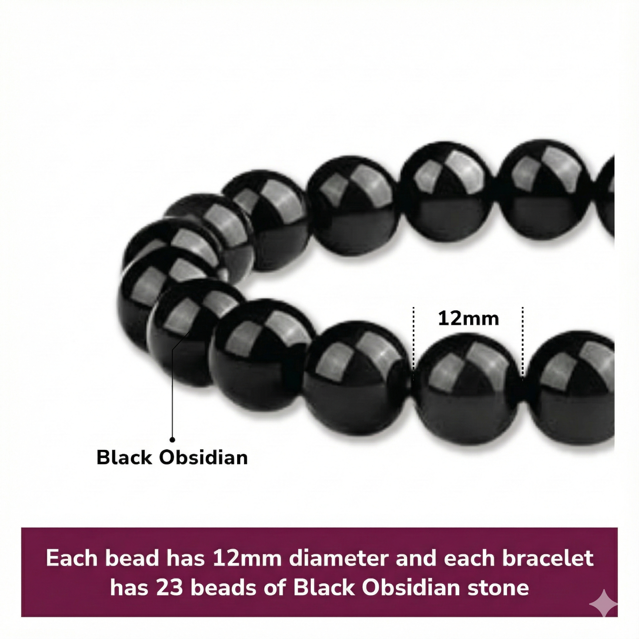12mm Natural Black Obsidian Beaded Bracelet for Men and Women – Stretchable Healing Crystal Jewelry with Elastic Band, Protective Energy Stone Gift for Birthday, Valentine’s Day, Meditation (Black) - Image 2