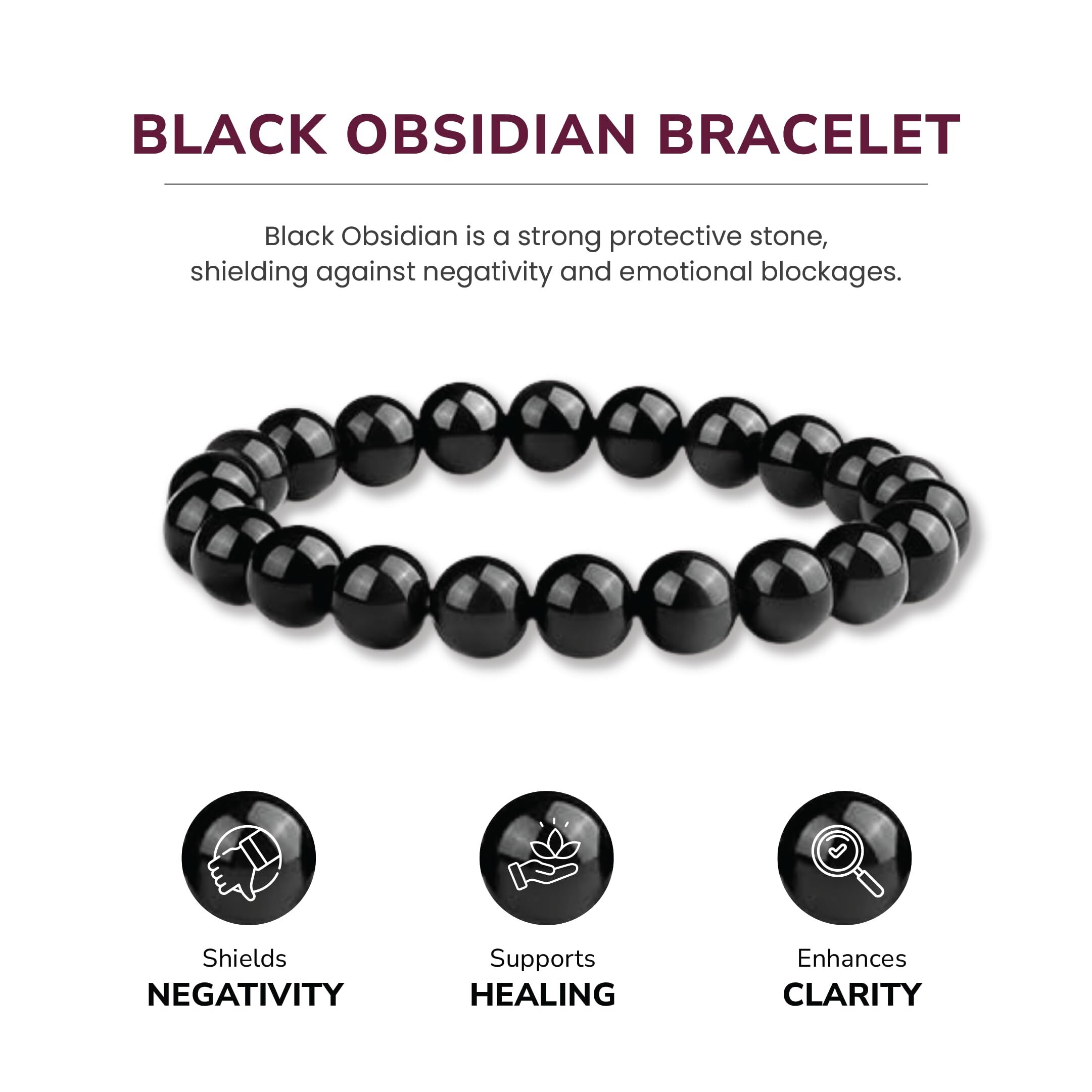 8mm Natural Black Obsidian Beaded Bracelet for Men and Women – Stretchable Healing Crystal Jewelry with Elastic Band, Protective Energy Stone Gift for Birthday, Valentine’s Day, Meditation (Black) - Image 3
