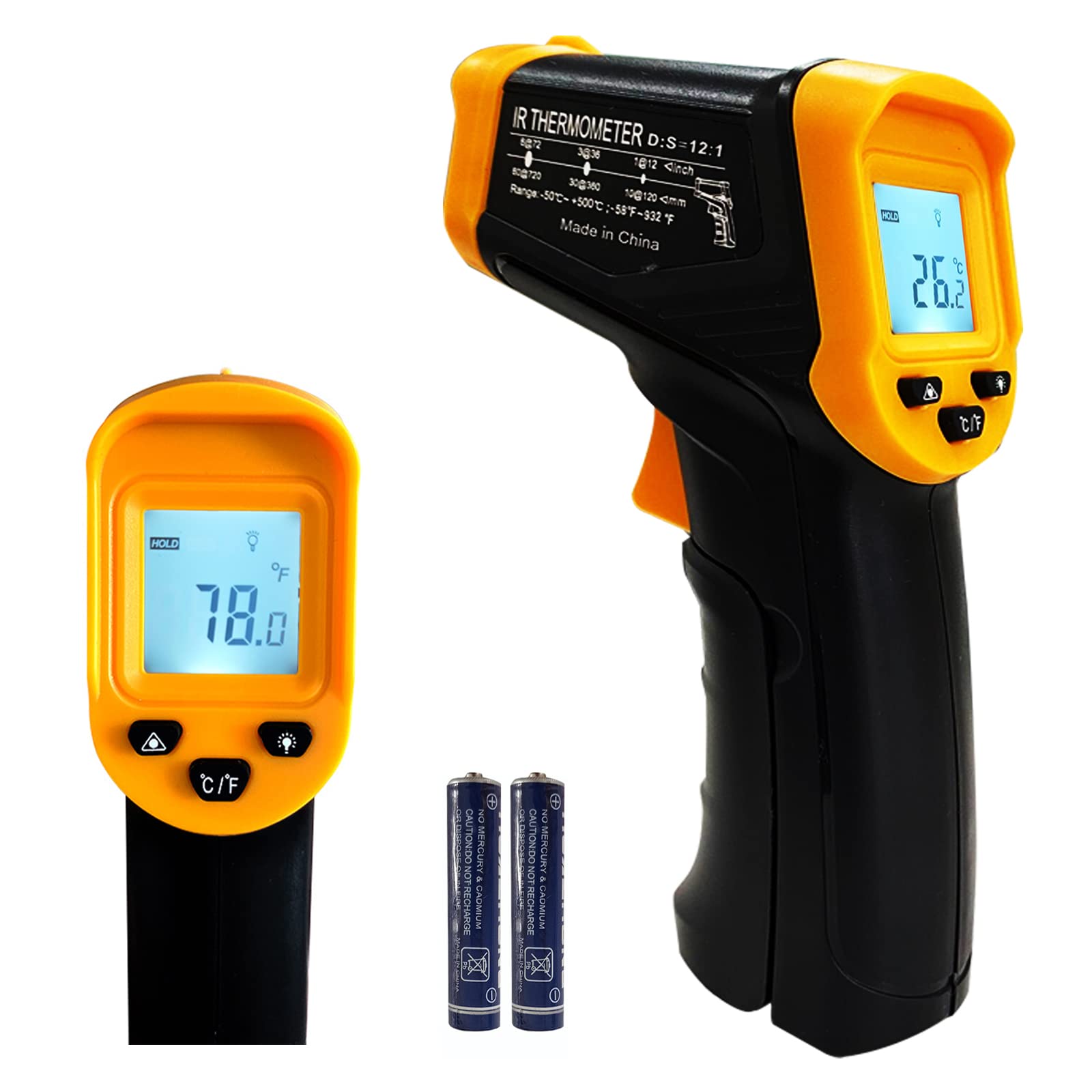 Infrared Thermometer Gun – Non-Contact Digital Laser Temp Meter for Cooking, HVAC, Automotive & Industrial Use, -50°C to 500°C, Backlit LCD, 12:1 D:S Ratio (Black/Yellow) - Image 1
