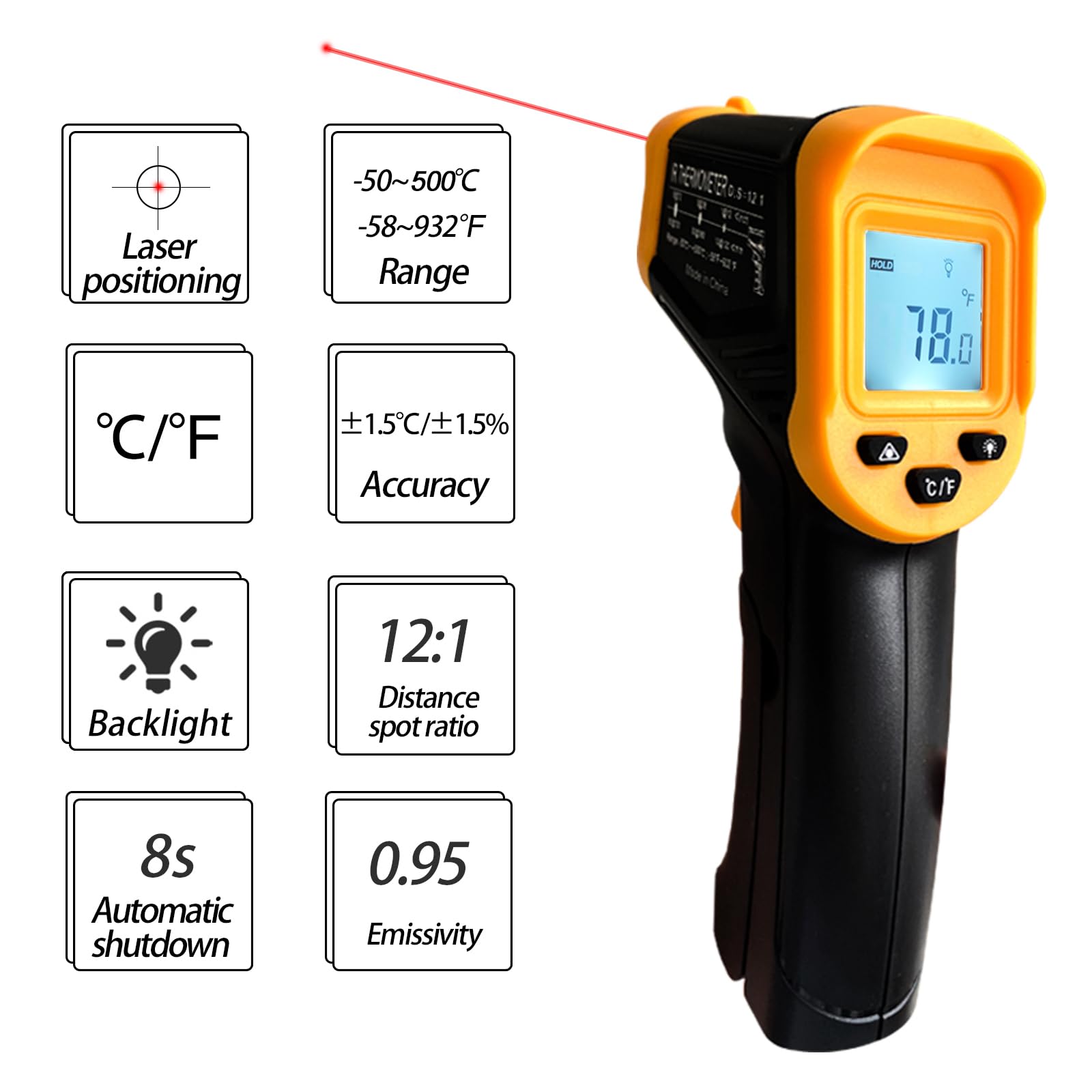 Infrared Thermometer Gun – Non-Contact Digital Laser Temp Meter for Cooking, HVAC, Automotive & Industrial Use, -50°C to 500°C, Backlit LCD, 12:1 D:S Ratio (Black/Yellow) - Image 2