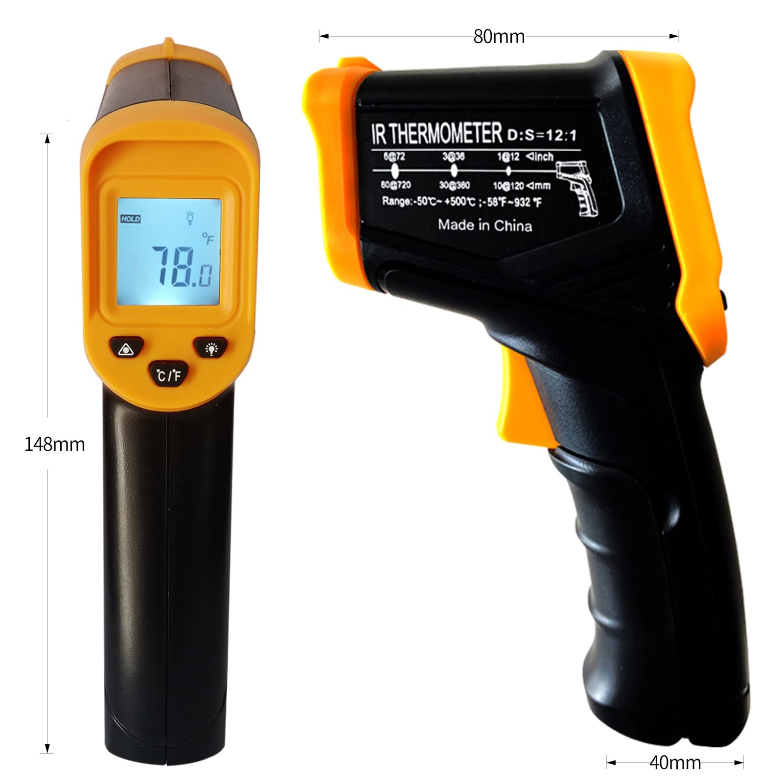 Infrared Thermometer Gun – Non-Contact Digital Laser Temp Meter for Cooking, HVAC, Automotive & Industrial Use, -50°C to 500°C, Backlit LCD, 12:1 D:S Ratio (Black/Yellow) - Image 3