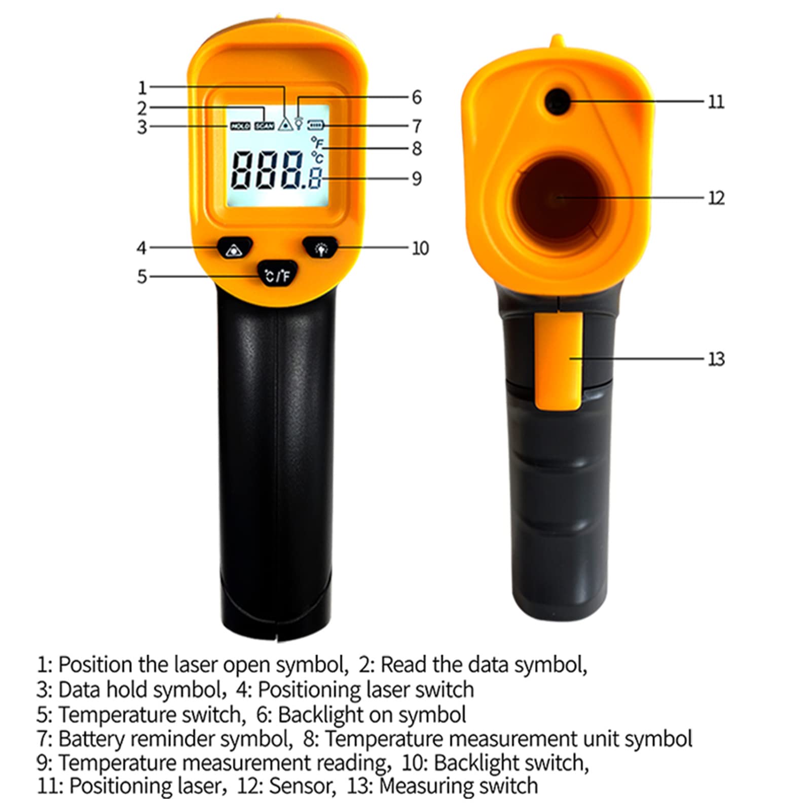 Infrared Thermometer Gun – Non-Contact Digital Laser Temp Meter for Cooking, HVAC, Automotive & Industrial Use, -50°C to 500°C, Backlit LCD, 12:1 D:S Ratio (Black/Yellow) - Image 6
