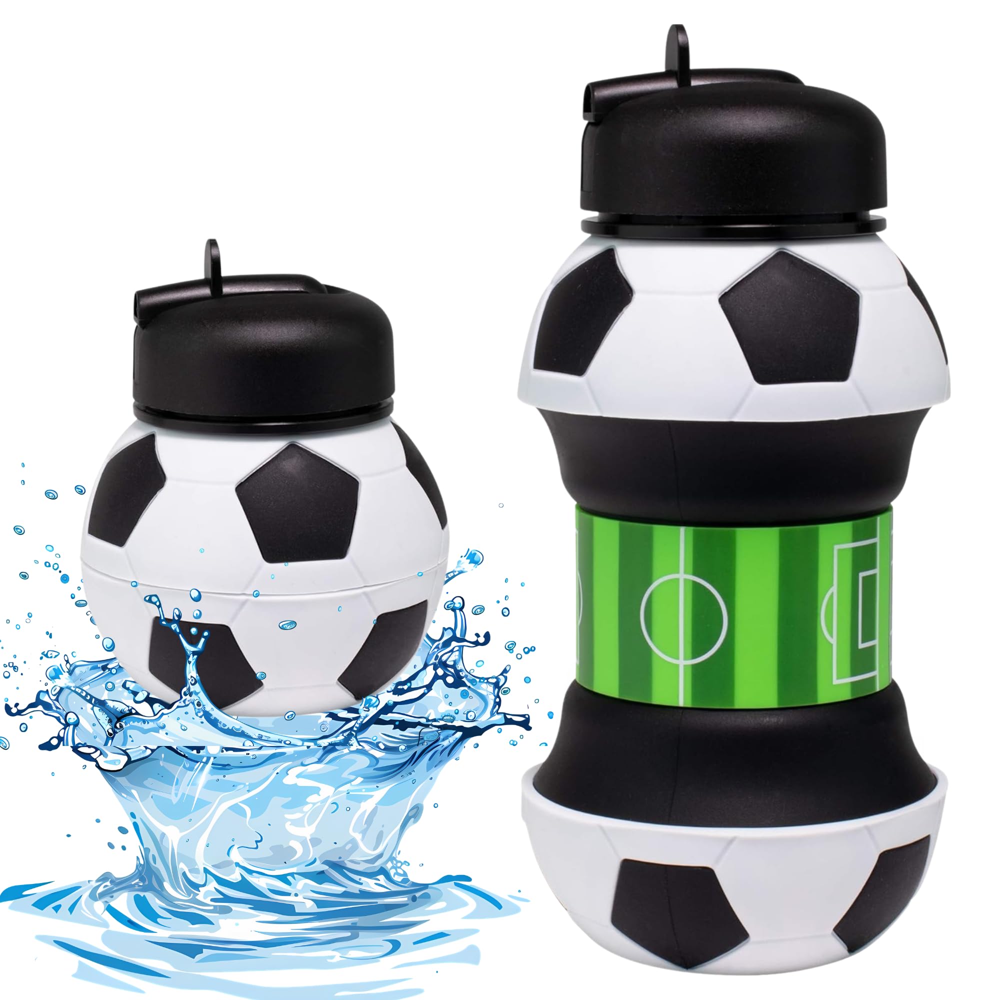 Foldable Soccer Water Bottle for Kids – 18oz Expandable Silicone Hydration Flask with Leak-Proof Spout & Carabiner Clip, BPA-Free, Ideal for School, Sports, Travel & Outdoor Adventures (Black, White, Green) - Image 1