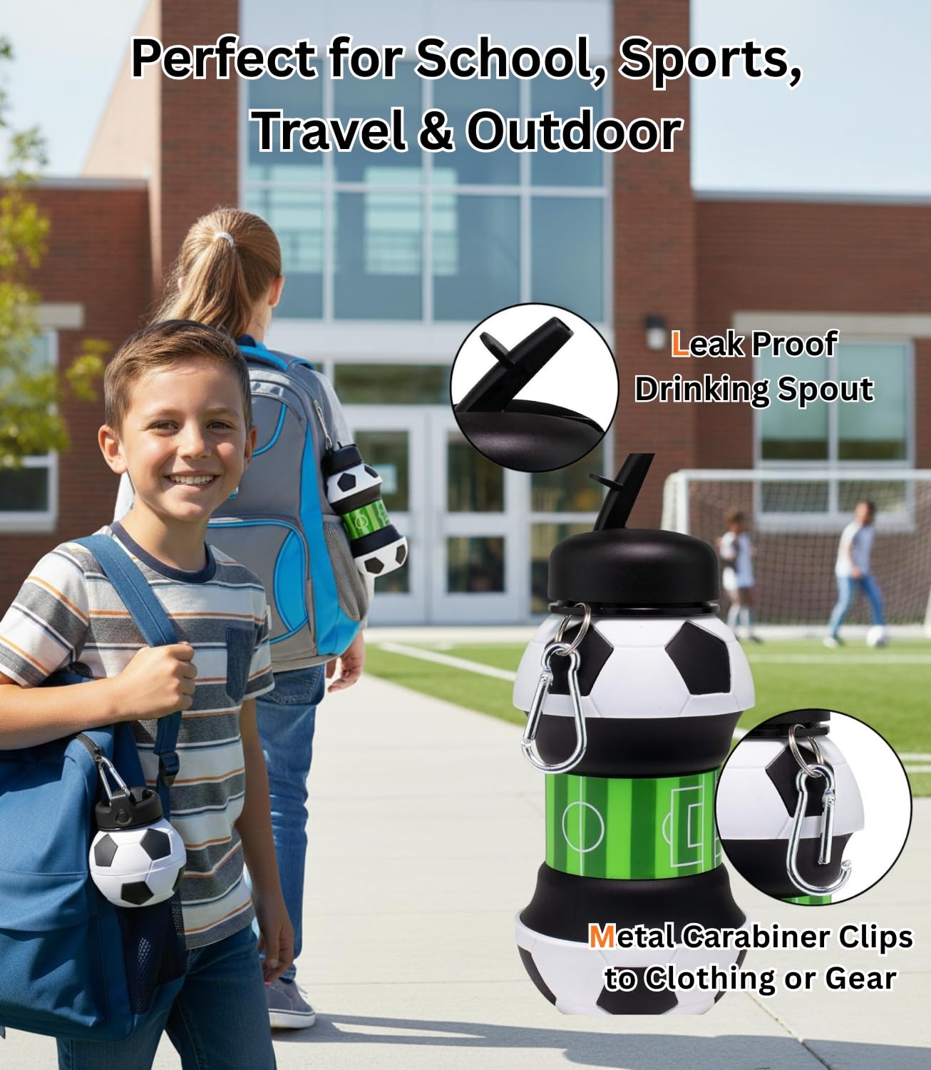 Foldable Soccer Water Bottle for Kids – 18oz Expandable Silicone Hydration Flask with Leak-Proof Spout & Carabiner Clip, BPA-Free, Ideal for School, Sports, Travel & Outdoor Adventures (Black, White, Green) - Image 3
