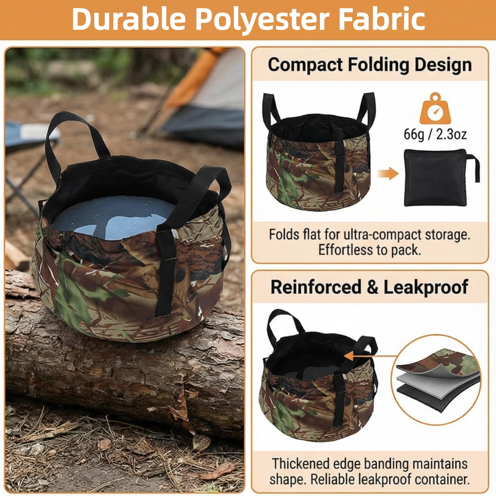Collapsible Outdoor Bucket with Handles – Foldable Water Container for Camping, Fishing, Travel & Washing, Durable Waterproof Polyester Basin (Camouflage) - Image 3