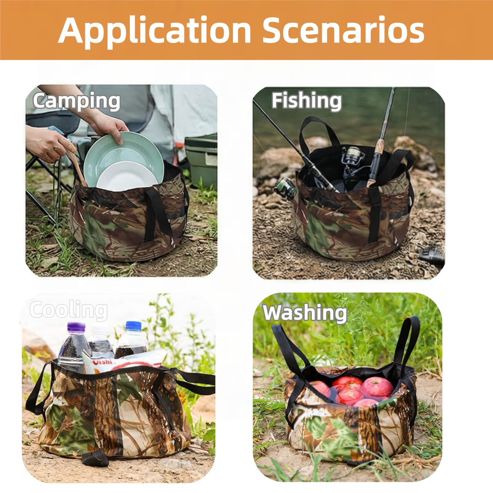 Collapsible Outdoor Bucket with Handles – Foldable Water Container for Camping, Fishing, Travel & Washing, Durable Waterproof Polyester Basin (Camouflage) - Image 5