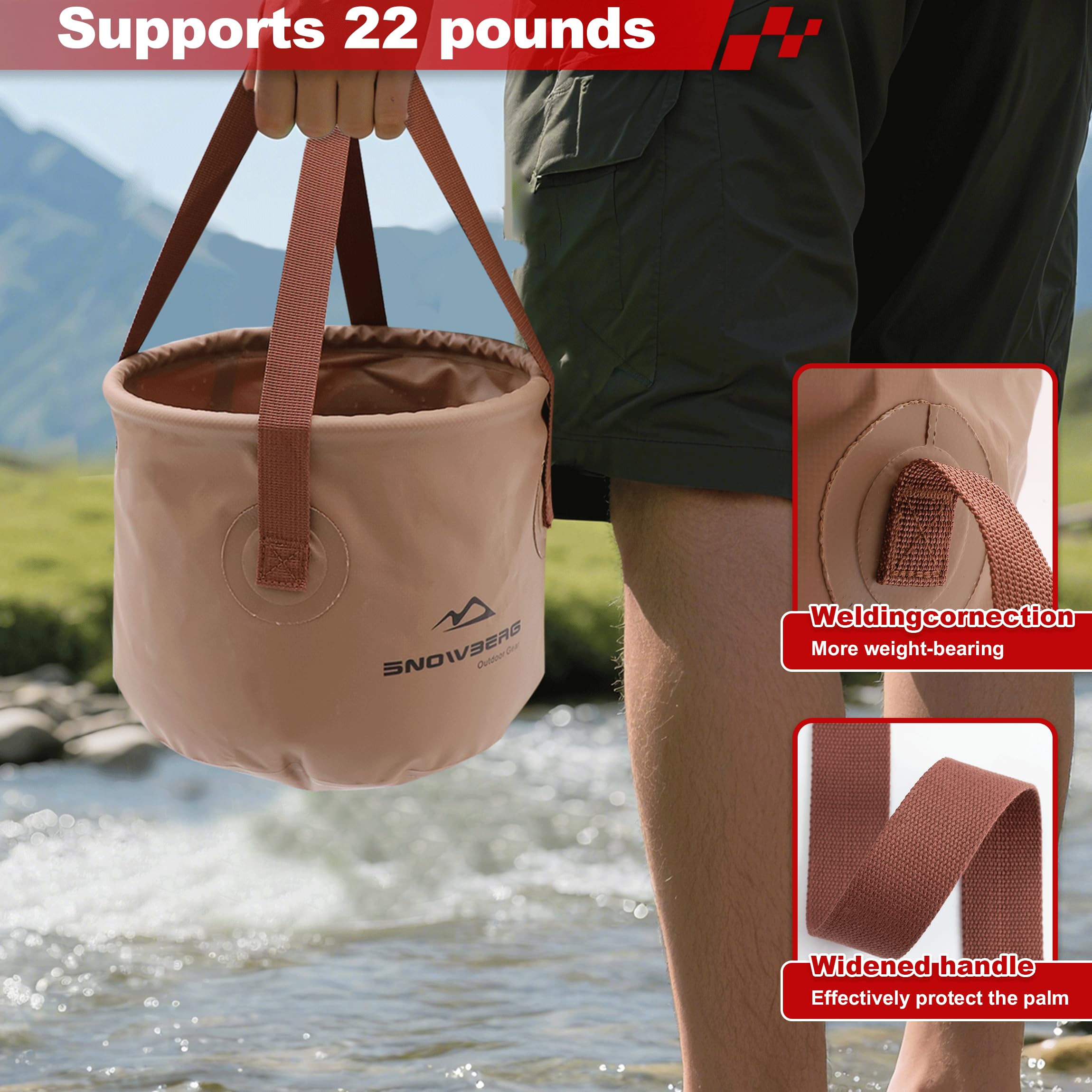 Multi-Use Collapsible Bucket – Foldable Camping Container with Dual Handles, 10L/20L Capacity, Supports 22 lbs or 44 lbs, Waterproof PVC Mesh for Fishing, Washing, Picnics & Outdoor Use (Coffee,Trumpet) - Image 4