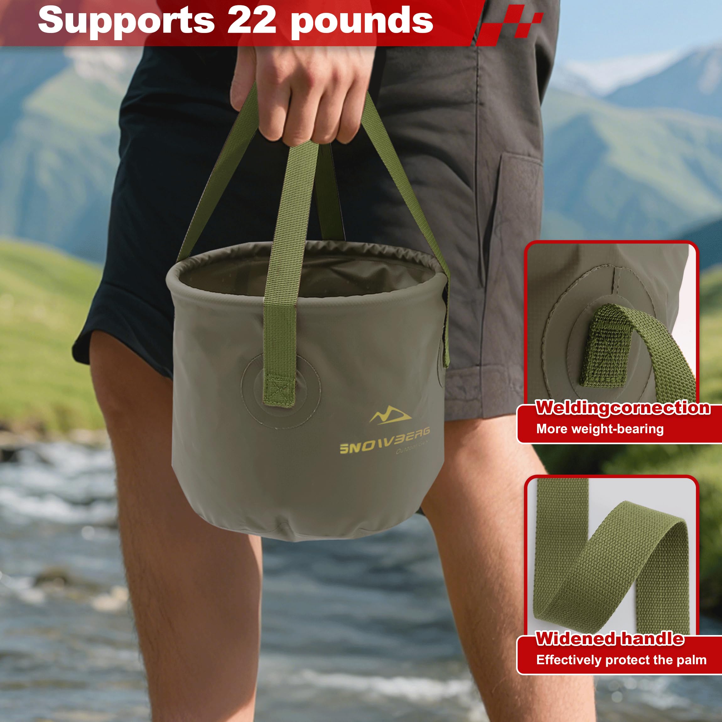 Multi-Use Collapsible Bucket – Foldable Camping Container with Dual Handles, 10L/20L Capacity, Supports 22 lbs or 44 lbs, Waterproof PVC Mesh for Fishing, Washing, Picnics & Outdoor Use (Forest Green,Large) - Image 4