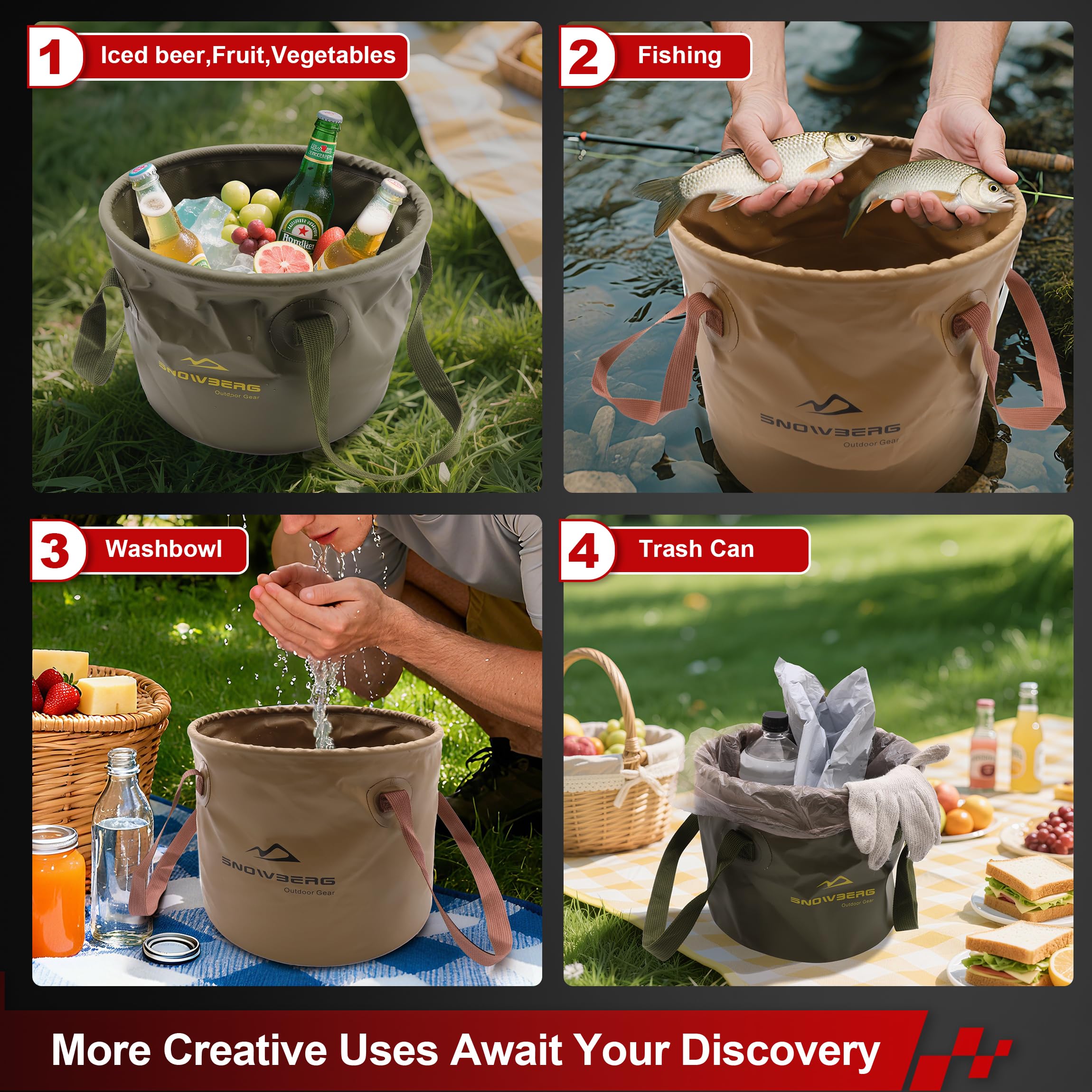Multi-Use Collapsible Bucket – Foldable Camping Container with Dual Handles, 10L/20L Capacity, Supports 22 lbs or 44 lbs, Waterproof PVC Mesh for Fishing, Washing, Picnics & Outdoor Use (Forest Green,Trumpet) - Image 2