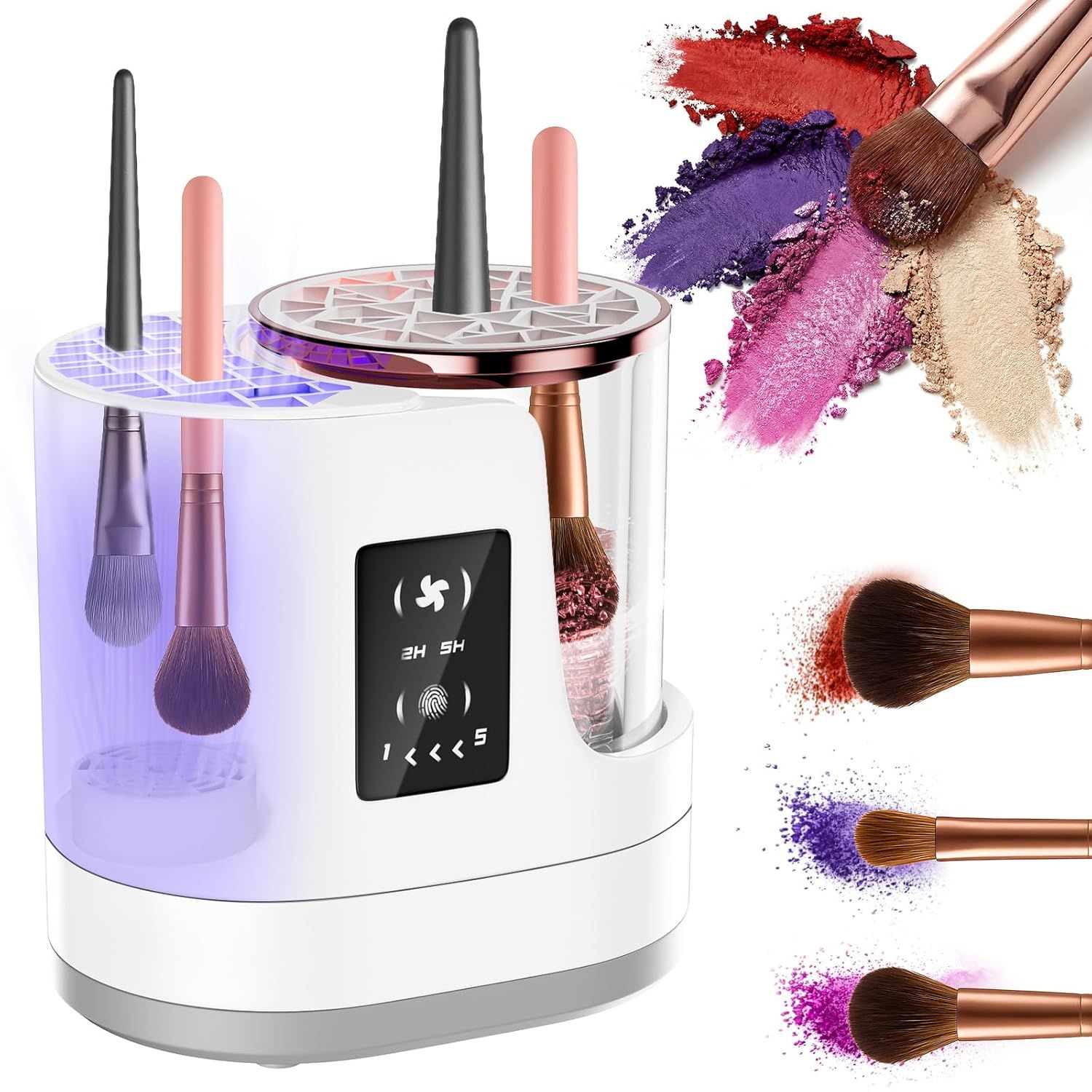 3-in-1 Electric Makeup Brush Cleaner & Dryer – Touchscreen Control, UV Sanitizing, 5-Min Auto Clean, 2H/5H Drying Modes, Fits All Brush Sizes, Rose-Gold Trim, USB-C Powered, No Batteries Needed (White) - Image 1