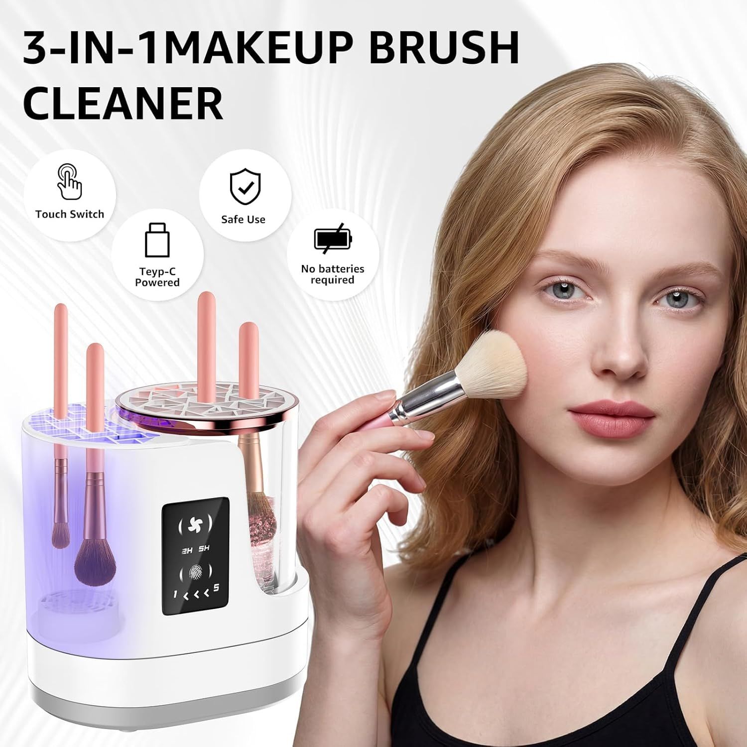 3-in-1 Electric Makeup Brush Cleaner & Dryer – Touchscreen Control, UV Sanitizing, 5-Min Auto Clean, 2H/5H Drying Modes, Fits All Brush Sizes, Rose-Gold Trim, USB-C Powered, No Batteries Needed (White) - Image 2