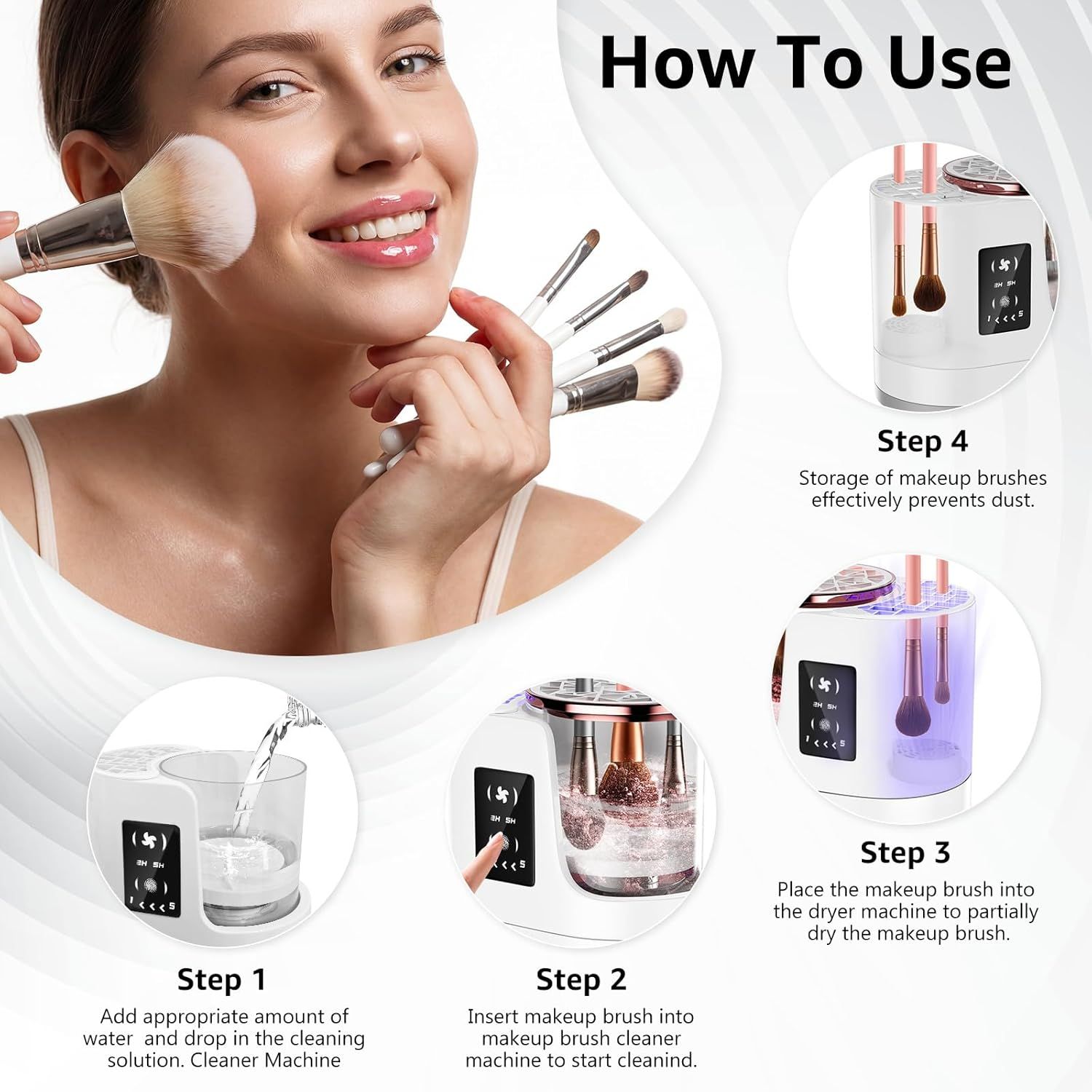 3-in-1 Electric Makeup Brush Cleaner & Dryer – Touchscreen Control, UV Sanitizing, 5-Min Auto Clean, 2H/5H Drying Modes, Fits All Brush Sizes, Rose-Gold Trim, USB-C Powered, No Batteries Needed (White) - Image 4
