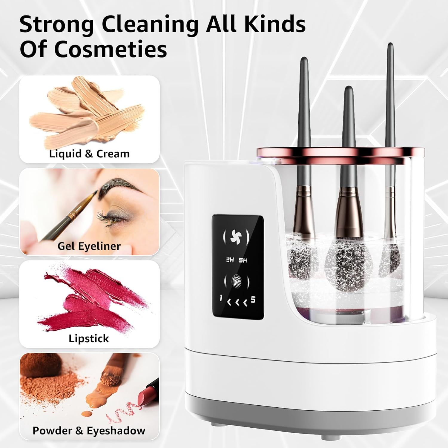 3-in-1 Electric Makeup Brush Cleaner & Dryer – Touchscreen Control, UV Sanitizing, 5-Min Auto Clean, 2H/5H Drying Modes, Fits All Brush Sizes, Rose-Gold Trim, USB-C Powered, No Batteries Needed (White) - Image 5
