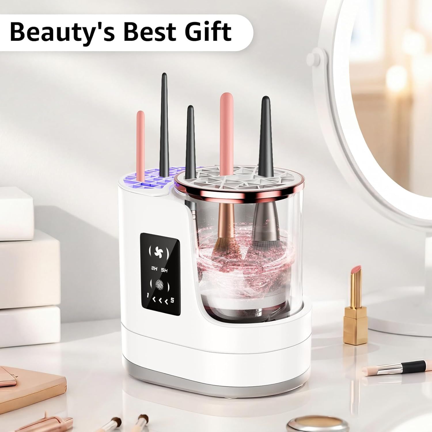3-in-1 Electric Makeup Brush Cleaner & Dryer – Touchscreen Control, UV Sanitizing, 5-Min Auto Clean, 2H/5H Drying Modes, Fits All Brush Sizes, Rose-Gold Trim, USB-C Powered, No Batteries Needed (White) - Image 7