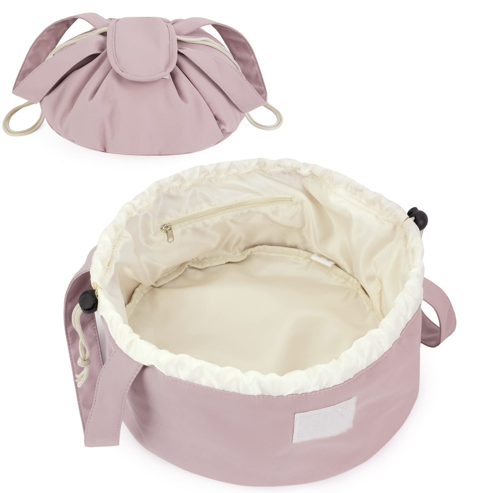 High-Capacity Barrel-Style Cosmetic Bag with Double Drawstring Closure – Water-Resistant, Padded Lining, Inner Zipper & Mesh Pocket – Ideal for Travel & Daily Use (Pink) - Image 1