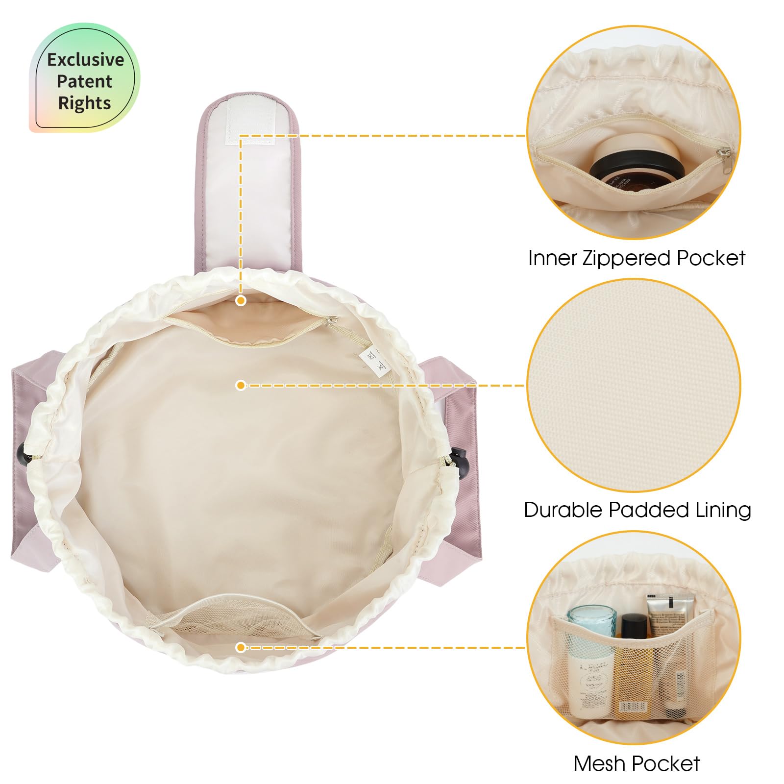 High-Capacity Barrel-Style Cosmetic Bag with Double Drawstring Closure – Water-Resistant, Padded Lining, Inner Zipper & Mesh Pocket – Ideal for Travel & Daily Use (Pink) - Image 5