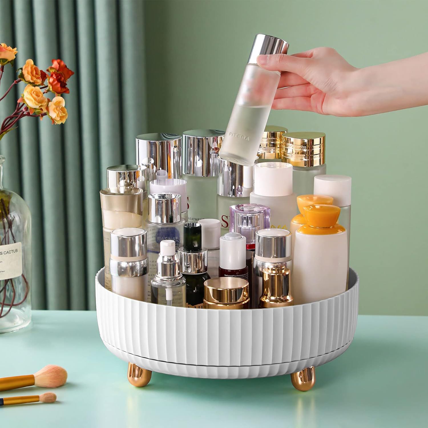 360° Rotating Cosmetic Organizer with Gold Feet – Silent Smooth Turntable for Skincare, Makeup, Brushes, Perfume & Jewelry, Large Capacity Desktop Storage Tray, Non-Slip Base, Easy Access Vanity Organizer (White) - Image 1