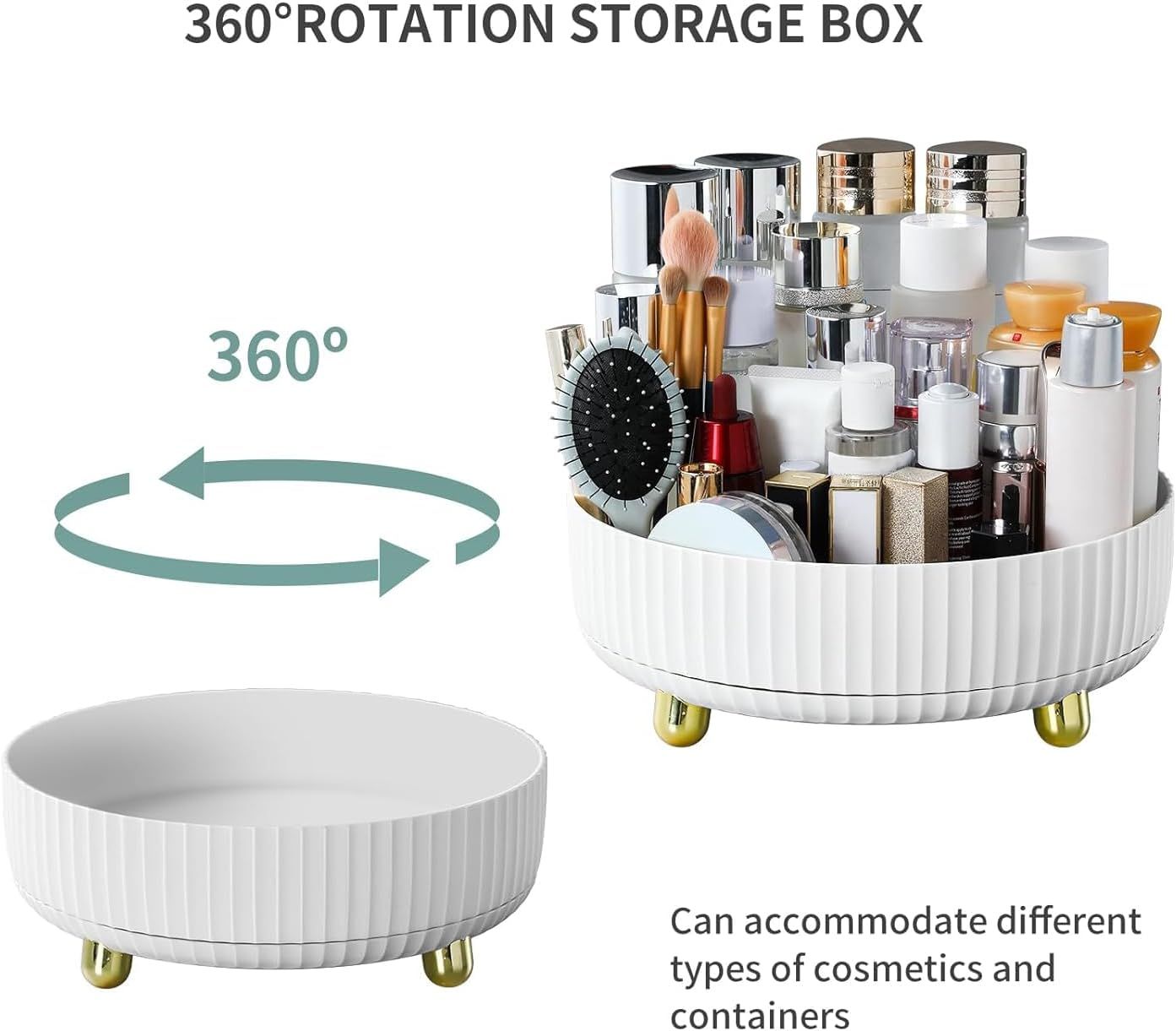 360° Rotating Cosmetic Organizer with Gold Feet – Silent Smooth Turntable for Skincare, Makeup, Brushes, Perfume & Jewelry, Large Capacity Desktop Storage Tray, Non-Slip Base, Easy Access Vanity Organizer (White) - Image 2
