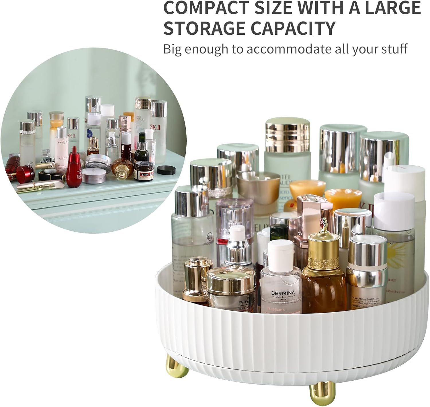 360° Rotating Cosmetic Organizer with Gold Feet – Silent Smooth Turntable for Skincare, Makeup, Brushes, Perfume & Jewelry, Large Capacity Desktop Storage Tray, Non-Slip Base, Easy Access Vanity Organizer (White) - Image 3