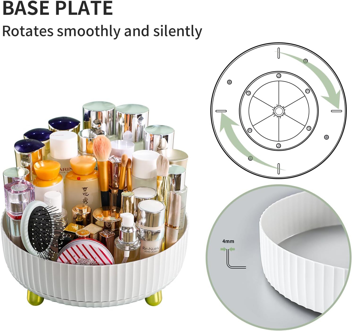 360° Rotating Cosmetic Organizer with Gold Feet – Silent Smooth Turntable for Skincare, Makeup, Brushes, Perfume & Jewelry, Large Capacity Desktop Storage Tray, Non-Slip Base, Easy Access Vanity Organizer (White) - Image 4