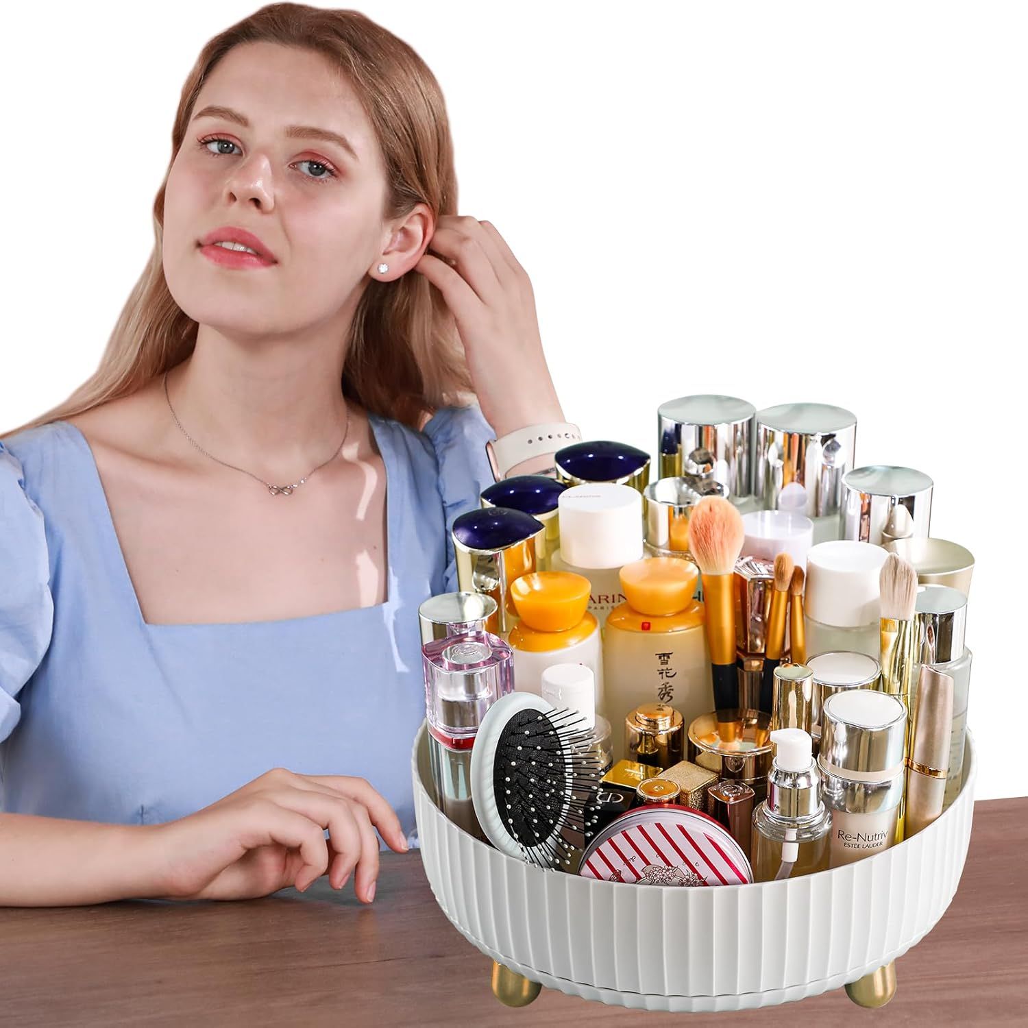 360° Rotating Cosmetic Organizer with Gold Feet – Silent Smooth Turntable for Skincare, Makeup, Brushes, Perfume & Jewelry, Large Capacity Desktop Storage Tray, Non-Slip Base, Easy Access Vanity Organizer (White) - Image 7