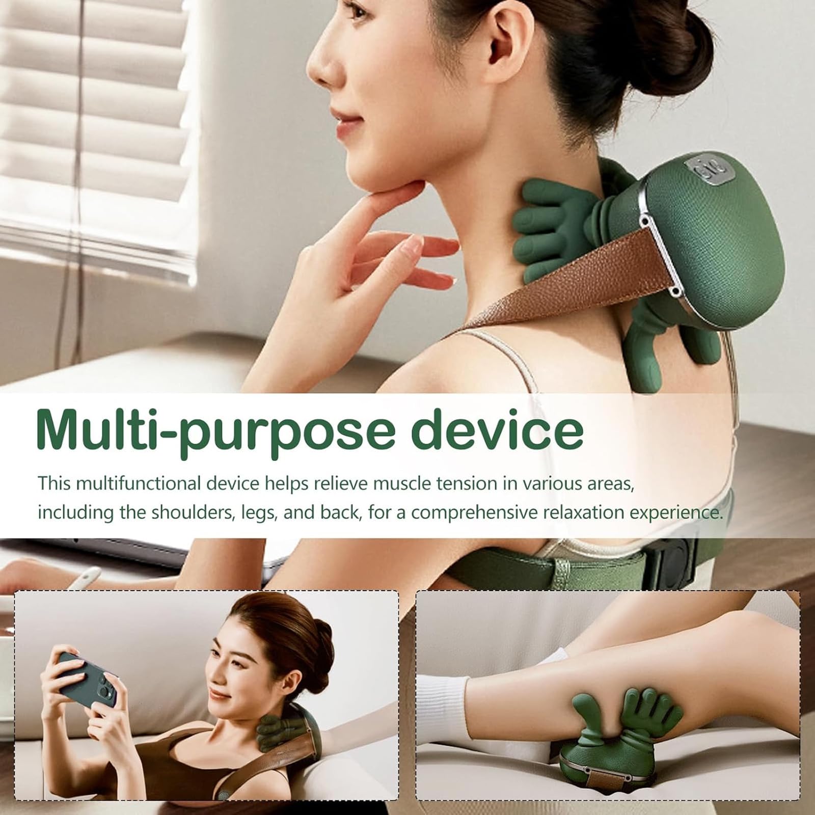 Hand-Like Neck & Shoulder Massager with 4D Kneading and Heat – Portable Massage Device for Back, Legs, and Neck Relaxation (Forest Green) - Image 8