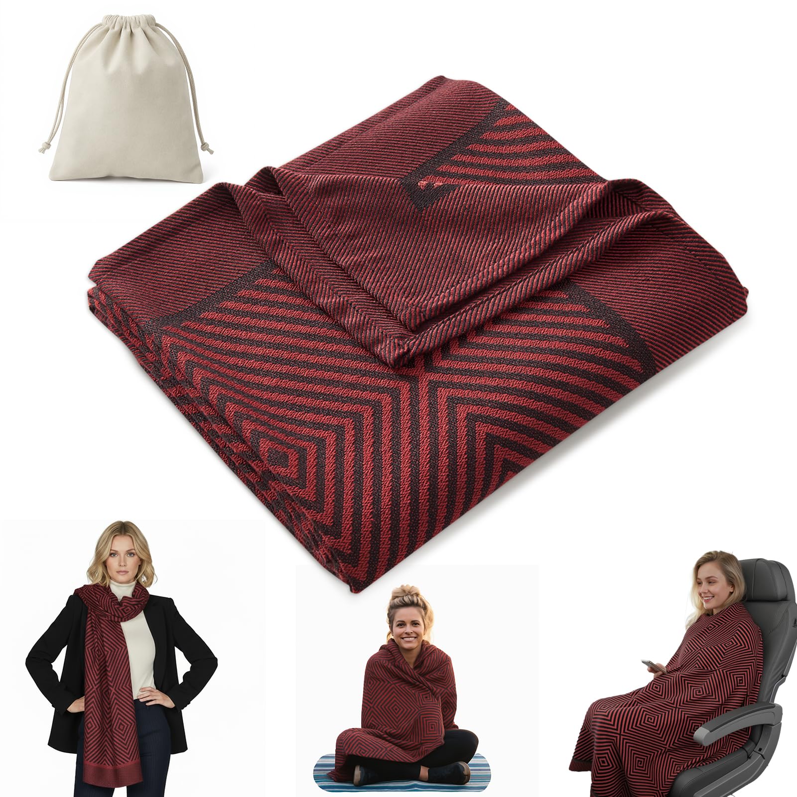 Premium Travel Blanket – Ultra-Soft Knit Wrap for Airplane, Car, Office Naps, and Gifts – Lightweight, Breathable, and Stylish with Storage Bag (Red) - Image 1