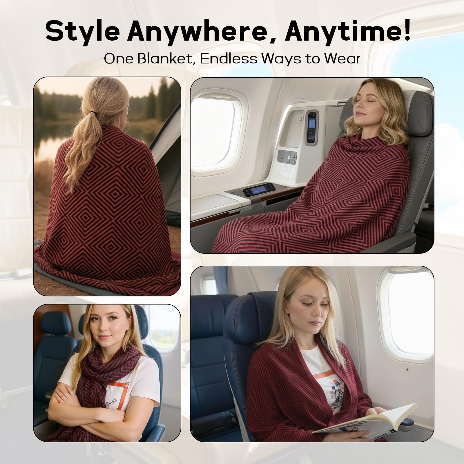 Premium Travel Blanket – Ultra-Soft Knit Wrap for Airplane, Car, Office Naps, and Gifts – Lightweight, Breathable, and Stylish with Storage Bag (Red) - Image 3