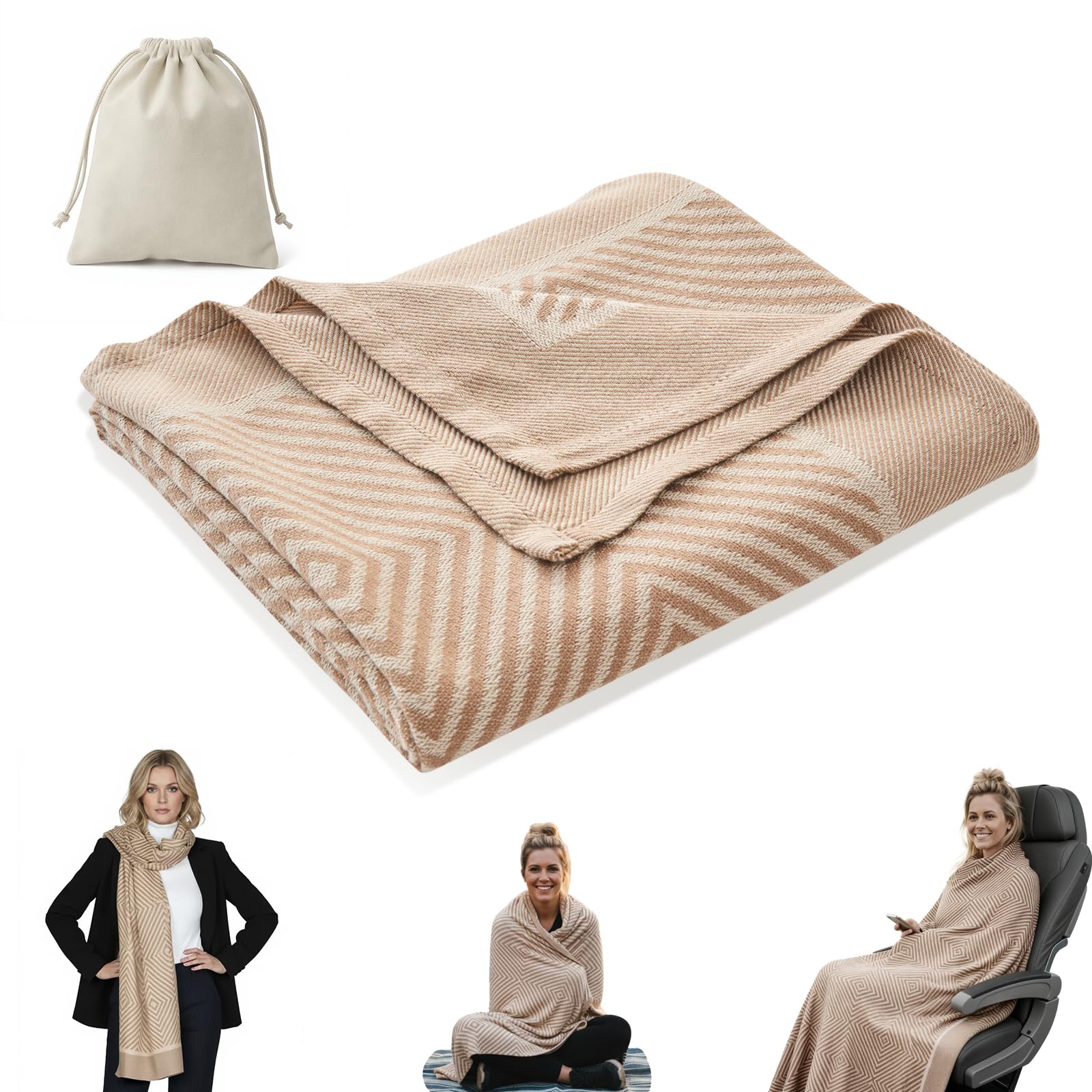 Premium Travel Blanket – Ultra-Soft Knit Wrap for Airplane, Car, Office Naps, and Gifts – Lightweight, Breathable, and Stylish with Storage Bag (Khaki) - Image 1