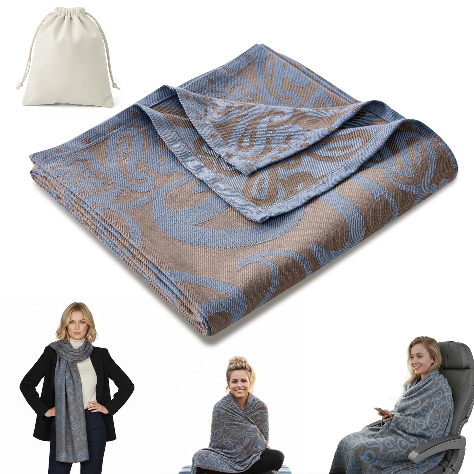 Premium Travel Blanket – Ultra-Soft Knit Wrap for Airplane, Car, Office Naps, and Gifts – Lightweight, Breathable, and Stylish with Storage Bag (Blue) - Image 1