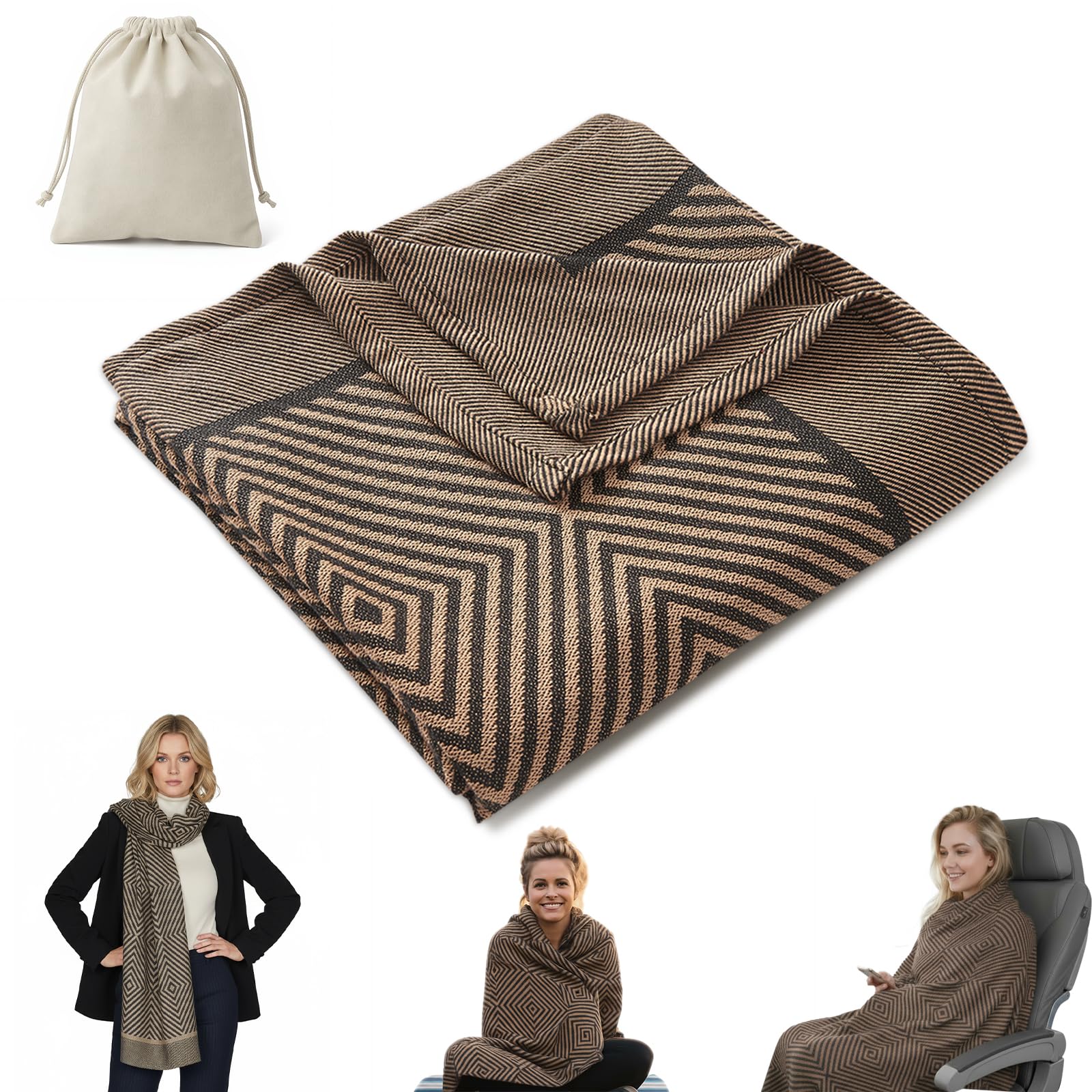 Premium Travel Blanket – Ultra-Soft Knit Wrap for Airplane, Car, Office Naps, and Gifts – Lightweight, Breathable, and Stylish with Storage Bag (Brown) - Image 1