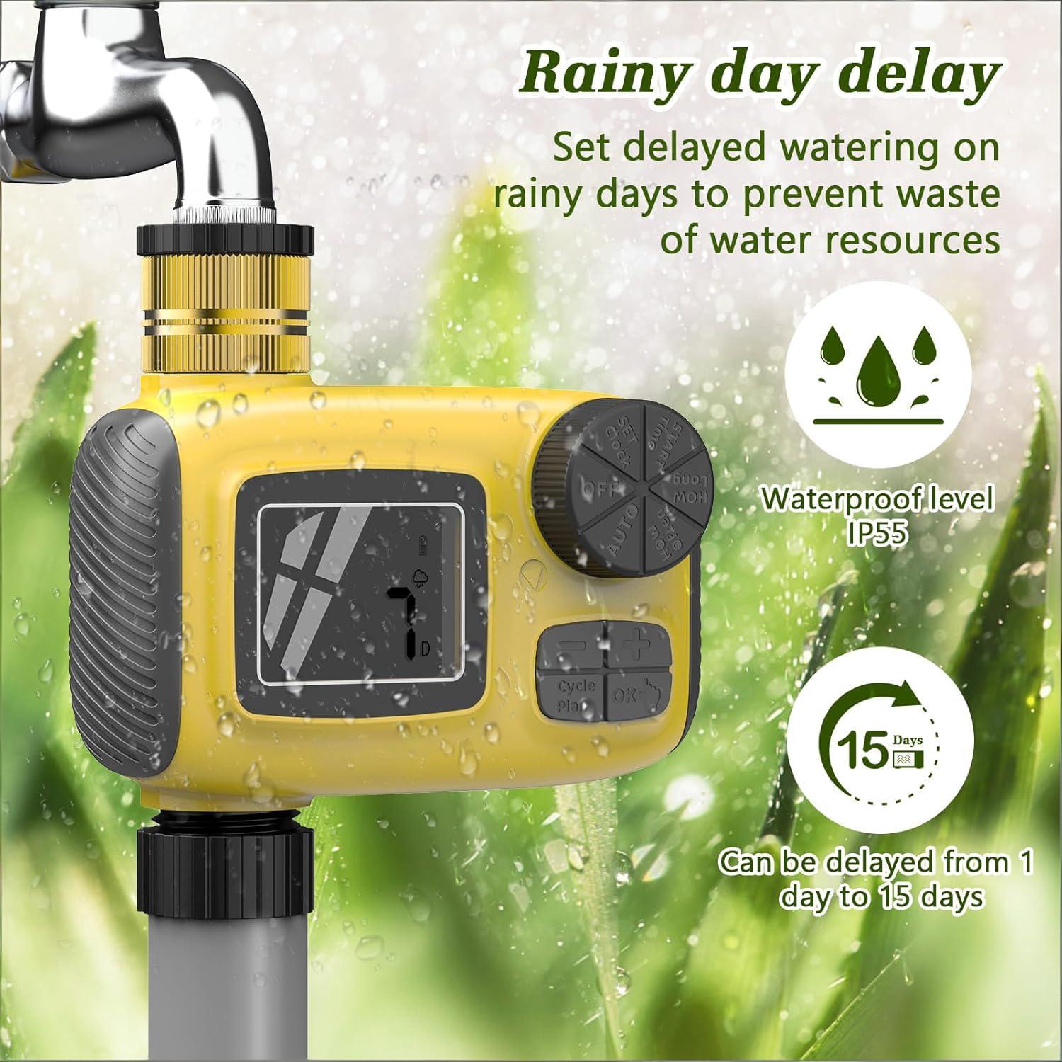 Smart Outdoor Watering Timer with Rain Delay & Manual Mode – Automatic Garden Irrigation Controller for Lawn, Patio, Pool and Vegetable Garden (Yellow) - Image 4