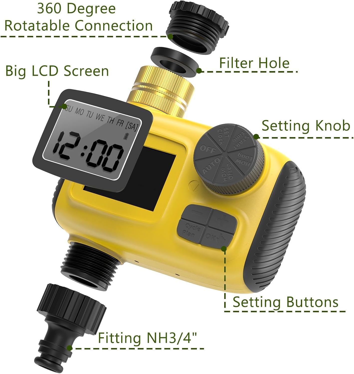 Smart Outdoor Watering Timer with Rain Delay & Manual Mode – Automatic Garden Irrigation Controller for Lawn, Patio, Pool and Vegetable Garden (Yellow) - Image 8