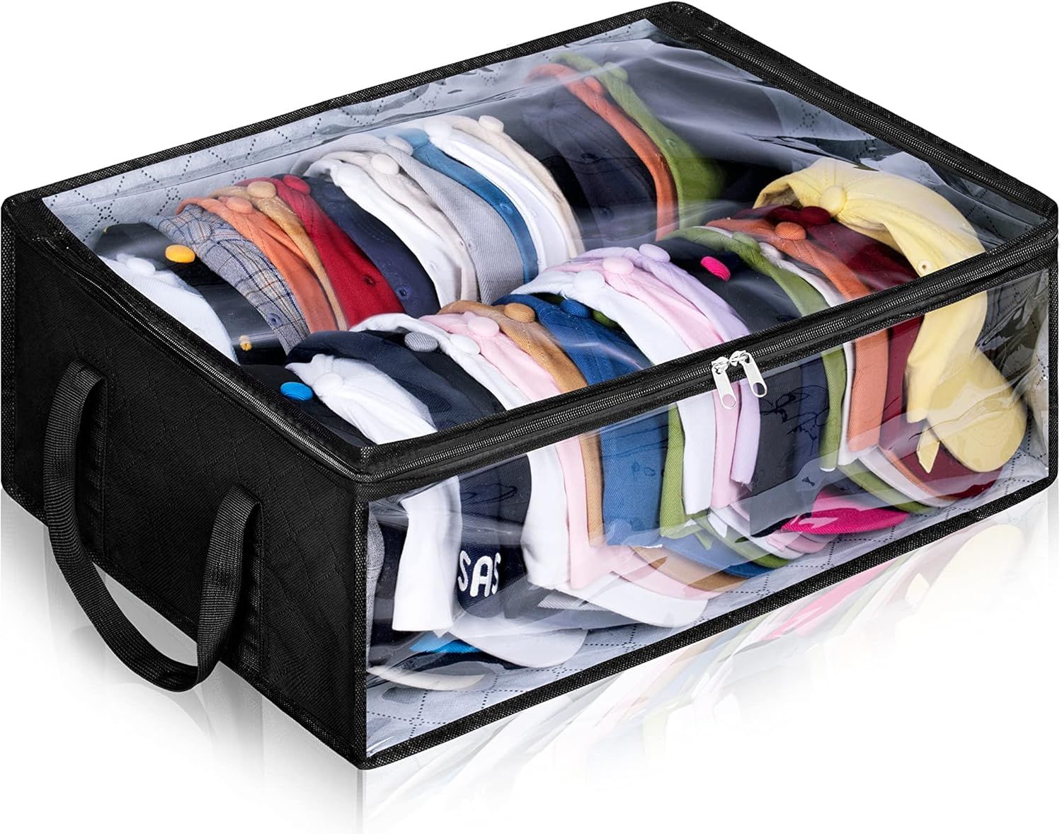 Large Capacity Foldable Hat Organizer Storage Box with Clear See-Through Window for Baseball Caps, Clothes, Toys, and Books, Underbed and Closet Container (Black) - Image 1