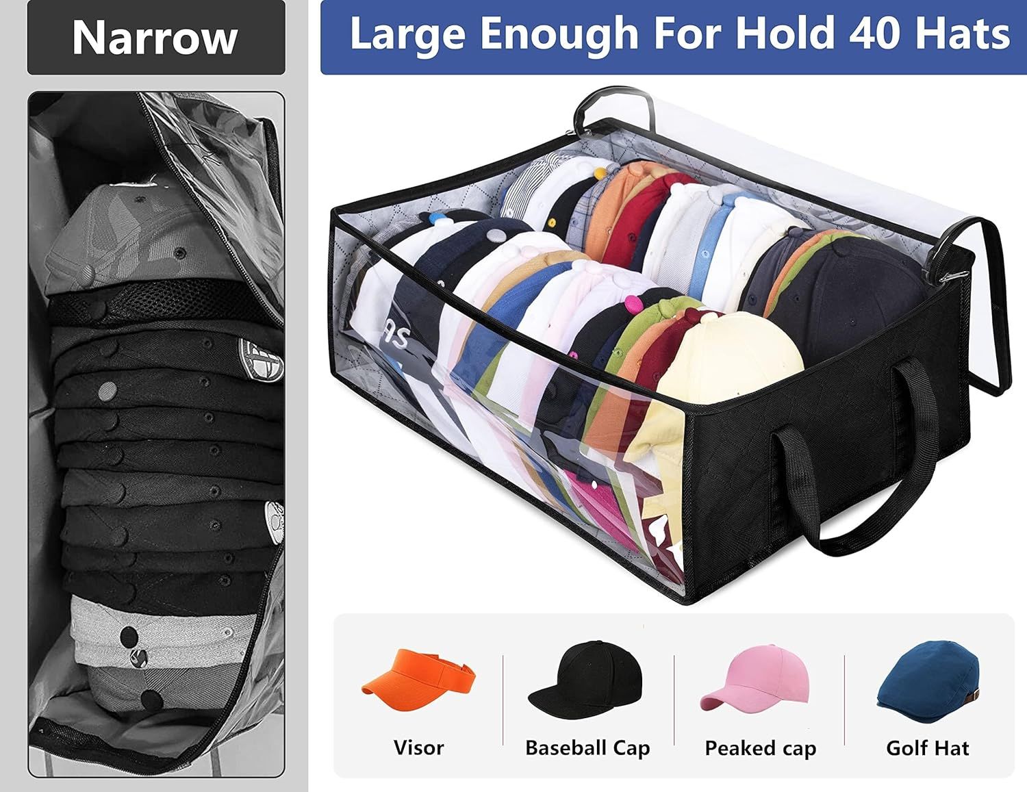 Large Capacity Foldable Hat Organizer Storage Box with Clear See-Through Window for Baseball Caps, Clothes, Toys, and Books, Underbed and Closet Container (Black) - Image 2