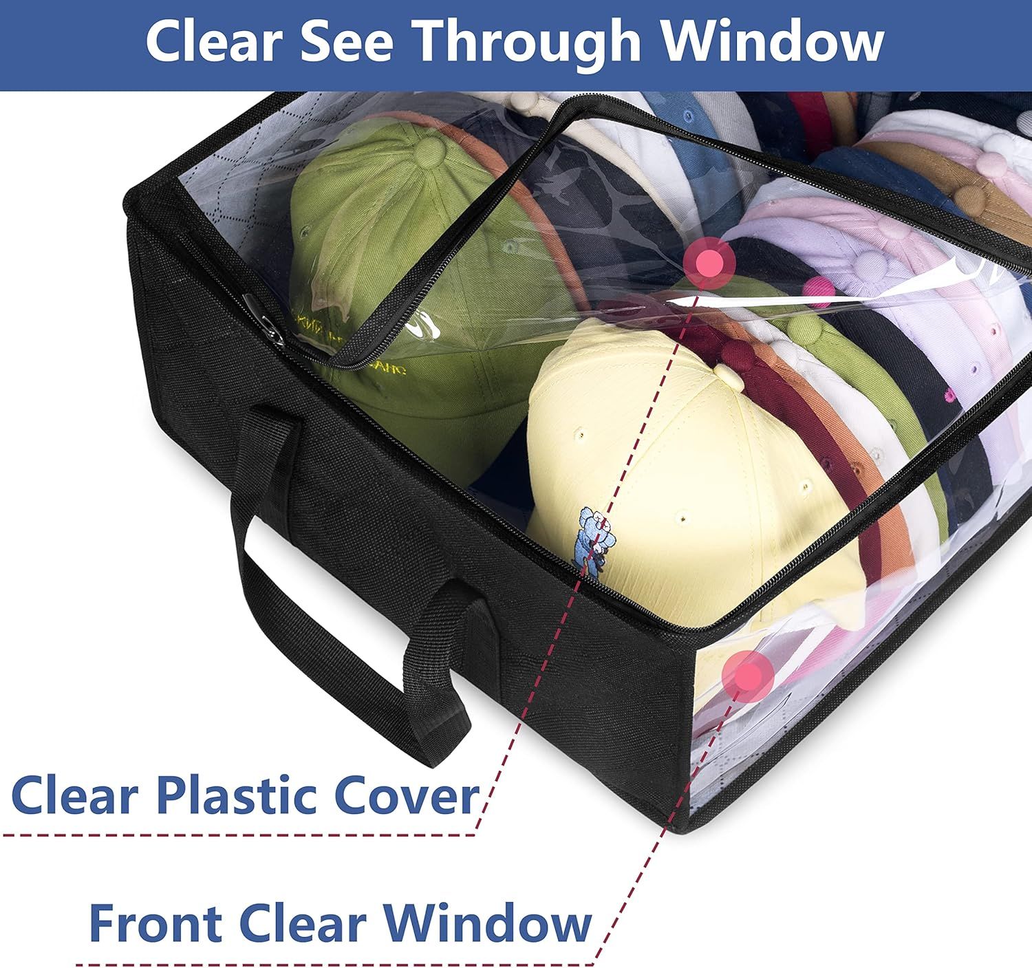 Large Capacity Foldable Hat Organizer Storage Box with Clear See-Through Window for Baseball Caps, Clothes, Toys, and Books, Underbed and Closet Container (Black) - Image 3