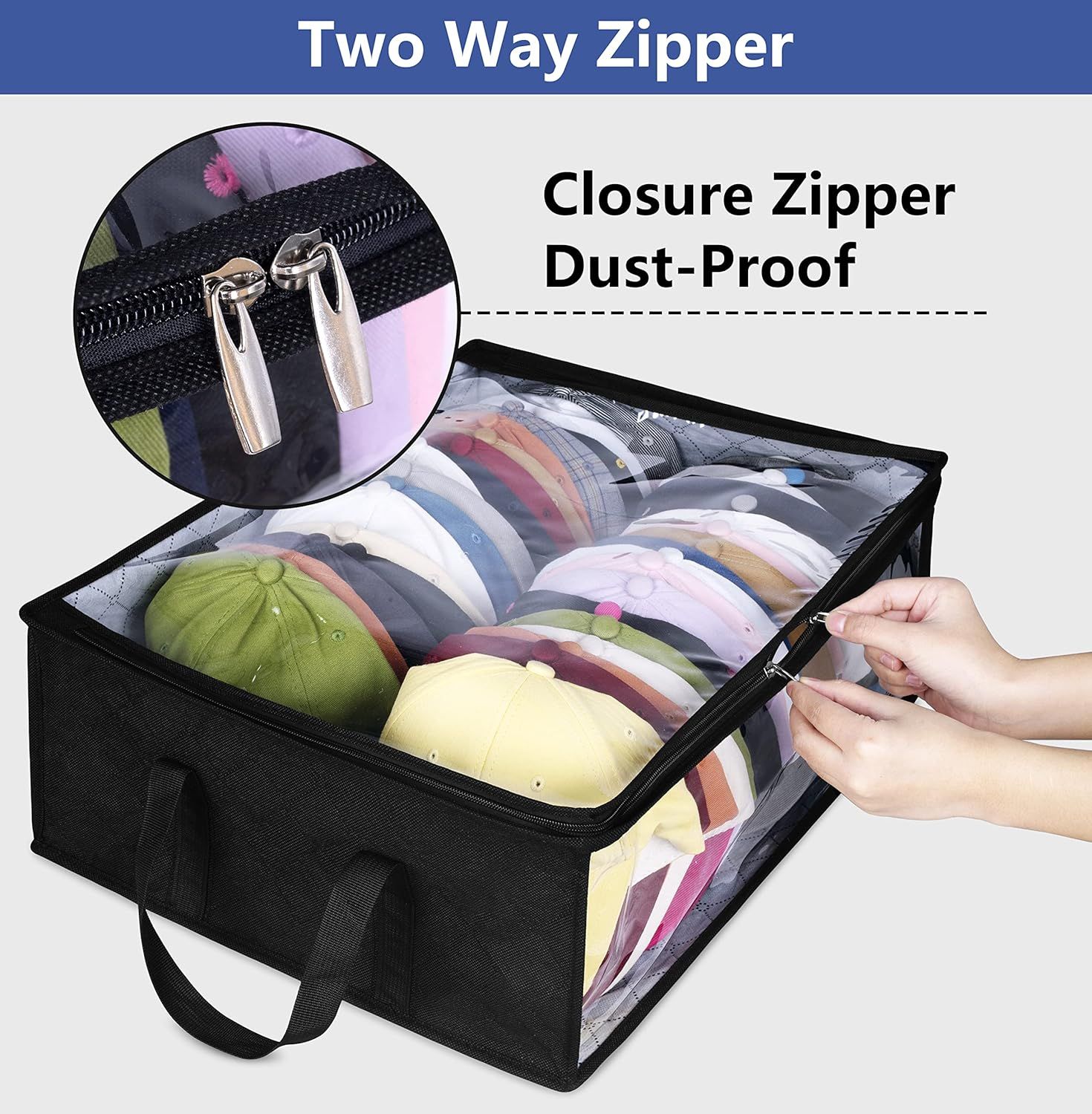 Large Capacity Foldable Hat Organizer Storage Box with Clear See-Through Window for Baseball Caps, Clothes, Toys, and Books, Underbed and Closet Container (Black) - Image 5