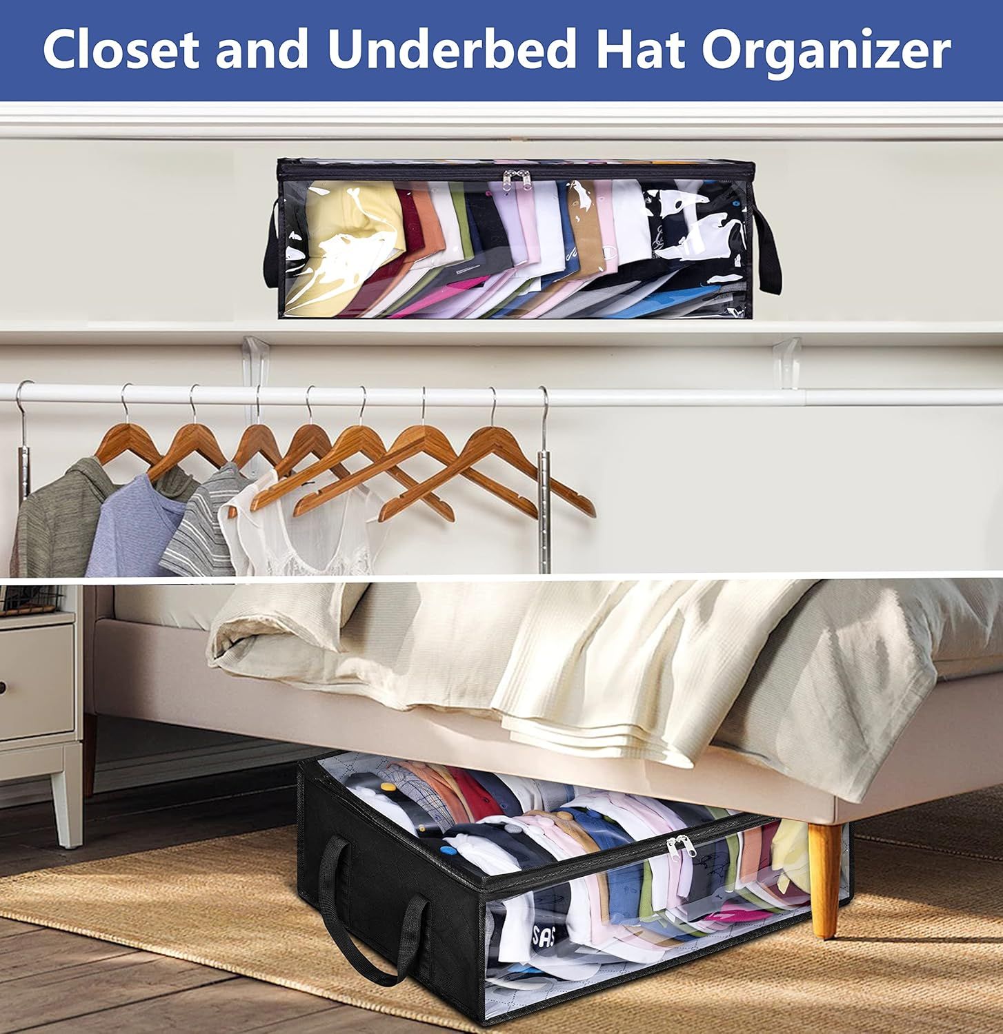 Large Capacity Foldable Hat Organizer Storage Box with Clear See-Through Window for Baseball Caps, Clothes, Toys, and Books, Underbed and Closet Container (Black) - Image 6