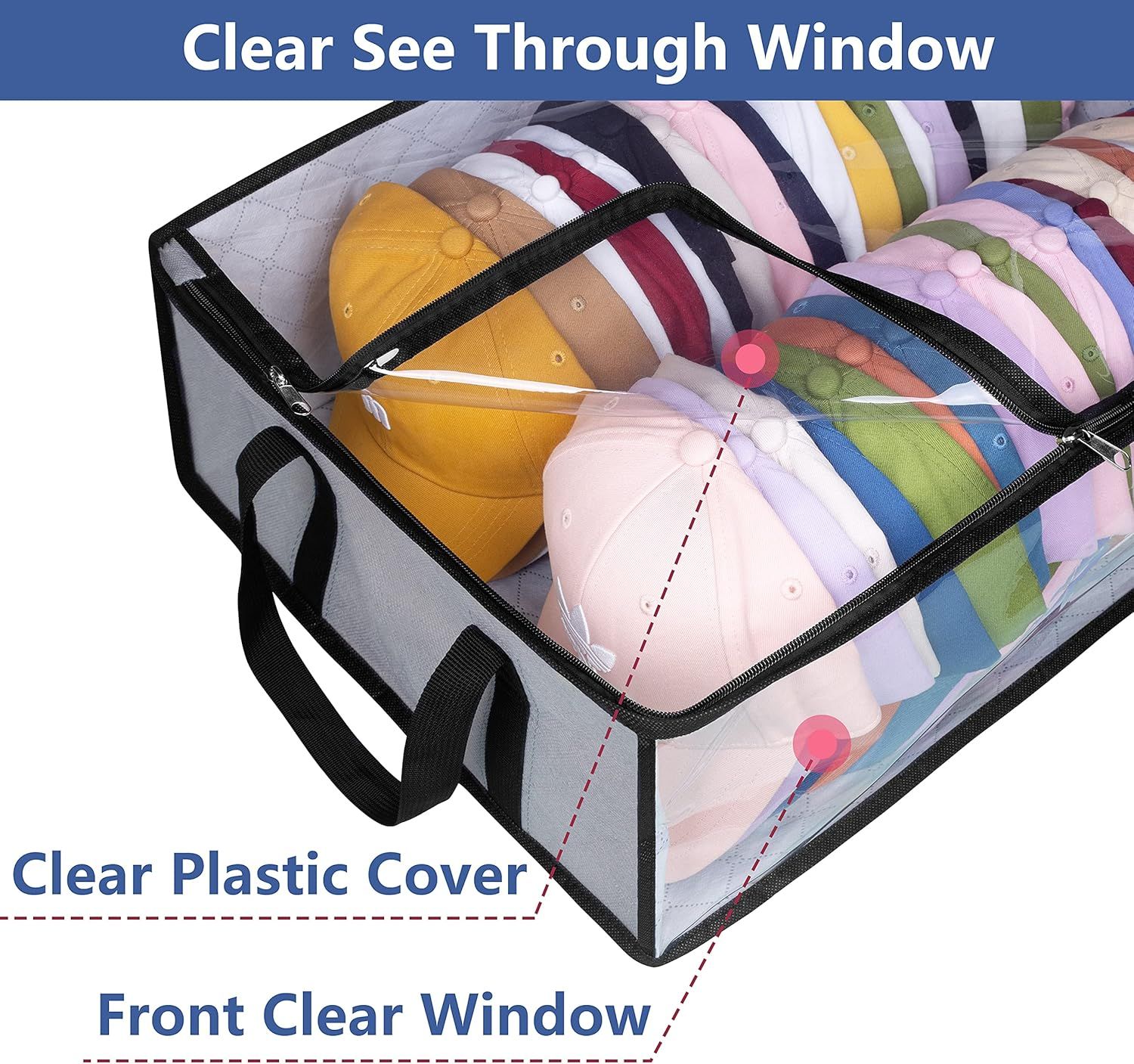 Large Capacity Foldable Hat Organizer Storage Box with Clear See-Through Window for Baseball Caps, Clothes, Toys, and Books, Underbed and Closet Container (Grey) - Image 3