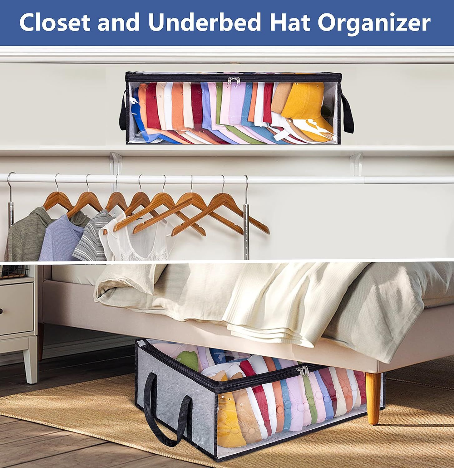 Large Capacity Foldable Hat Organizer Storage Box with Clear See-Through Window for Baseball Caps, Clothes, Toys, and Books, Underbed and Closet Container (Grey) - Image 6