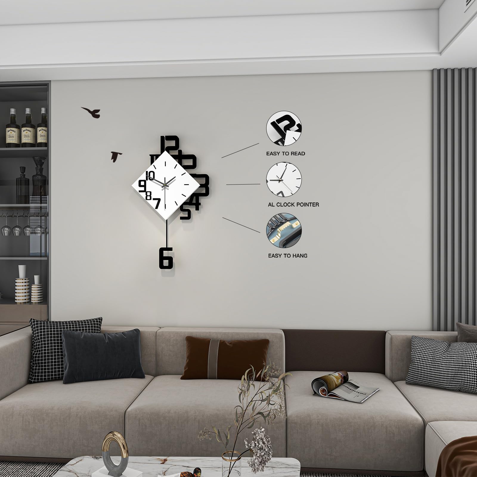 Modern Diamond Wall Clock – Creative 3D Design Silent Quartz Wall Clock for Living Room, Bedroom, Office, Home Decor, Battery Operated (Black-White) - Image 4
