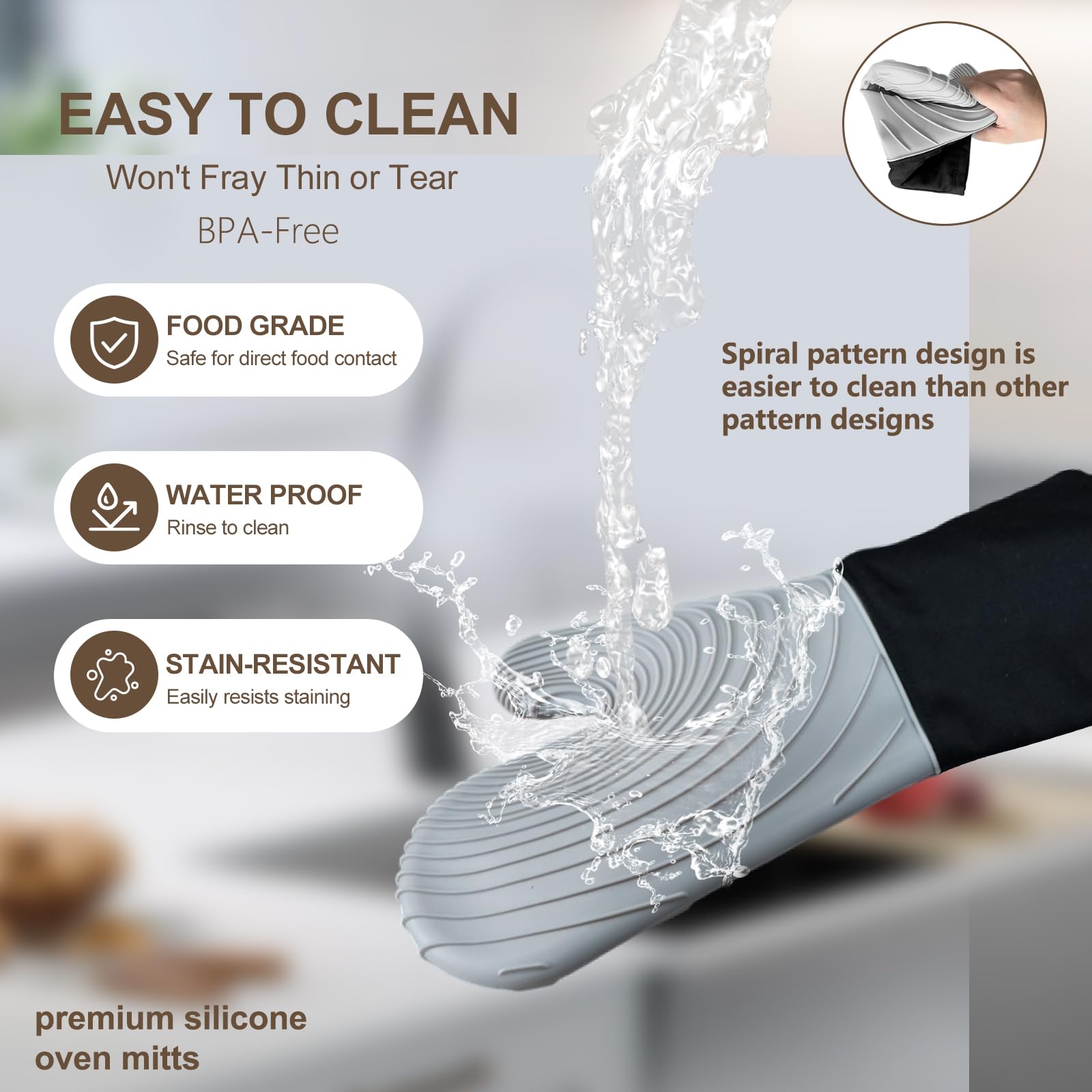 Premium Silicone Oven Mitts – Heat Resistant Up to 500°F, Non-Slip Grip, Easy to Clean, Food Grade & BPA-Free, Ideal for Grilling, Baking, Cooking, Microwave Use (Grey) - Image 8