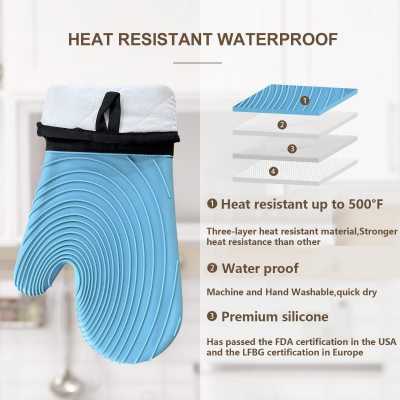 Premium Silicone Oven Mitts – Heat Resistant Up to 500°F, Non-Slip Grip, Easy to Clean, Food Grade & BPA-Free, Ideal for Grilling, Baking, Cooking, Microwave Use (Blue) - Image 3