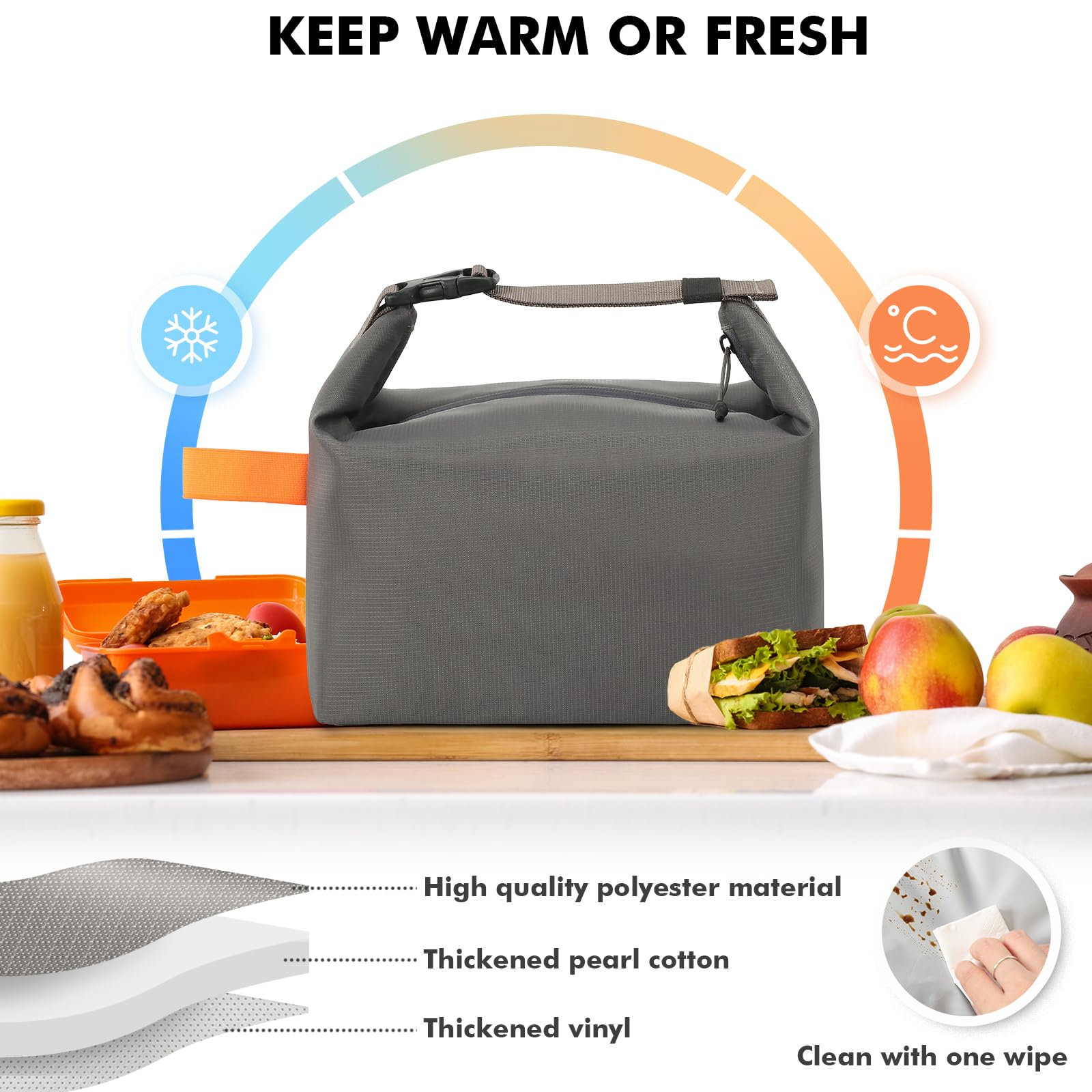 Foldable Lunch Bag – Reusable Insulated Cooler Tote with Waterproof Zipper, Leak-Proof Design, Lightweight & Compact, Ideal for Work, School, Picnic, Travel (Grey) - Image 4