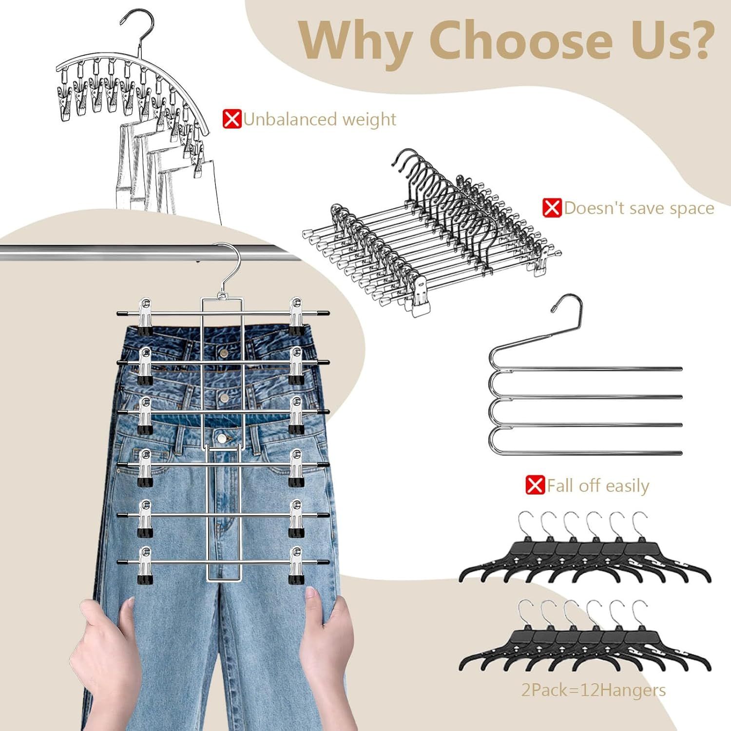 6-Tier Metal Clothing Organizer Hanger with 12 Adjustable Clips, 360° Swivel Hook, Foldable Design, and Rubber-Tipped Grips for Pants, Skirts, Bras, Sweaters, and Scarves—Space-Efficient Closet Solution (1pack) - Image 2