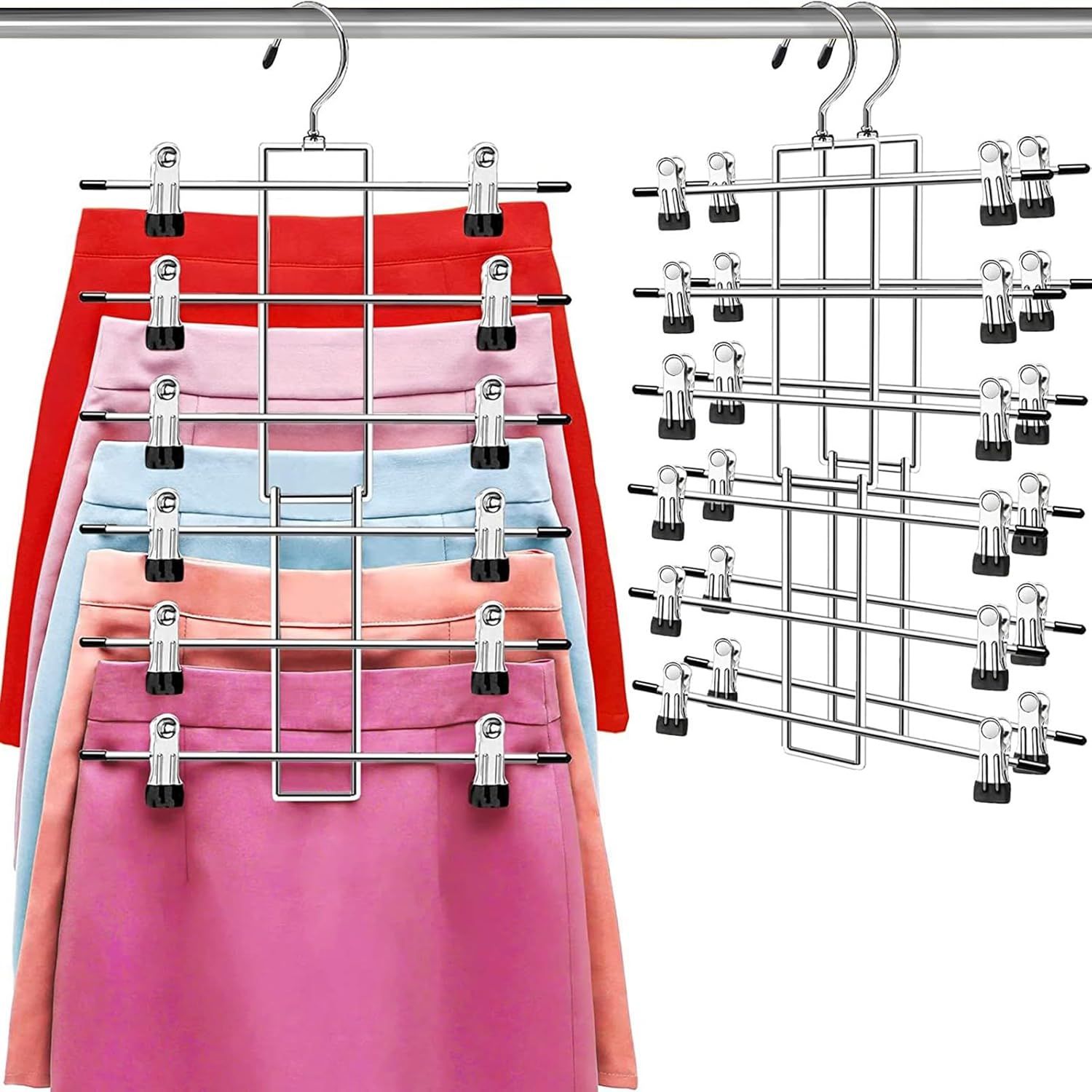 6-Tier Metal Clothing Organizer Hanger with 12 Adjustable Clips, 360° Swivel Hook, Foldable Design, and Rubber-Tipped Grips for Pants, Skirts, Bras, Sweaters, and Scarves—Space-Efficient Closet Solution (2 pack) - Image 1