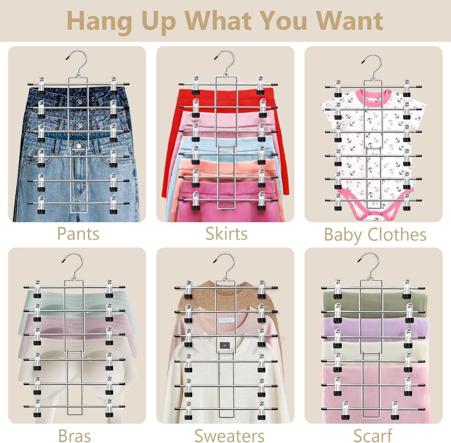 6-Tier Metal Clothing Organizer Hanger with 12 Adjustable Clips, 360° Swivel Hook, Foldable Design, and Rubber-Tipped Grips for Pants, Skirts, Bras, Sweaters, and Scarves—Space-Efficient Closet Solution (2 pack) - Image 3