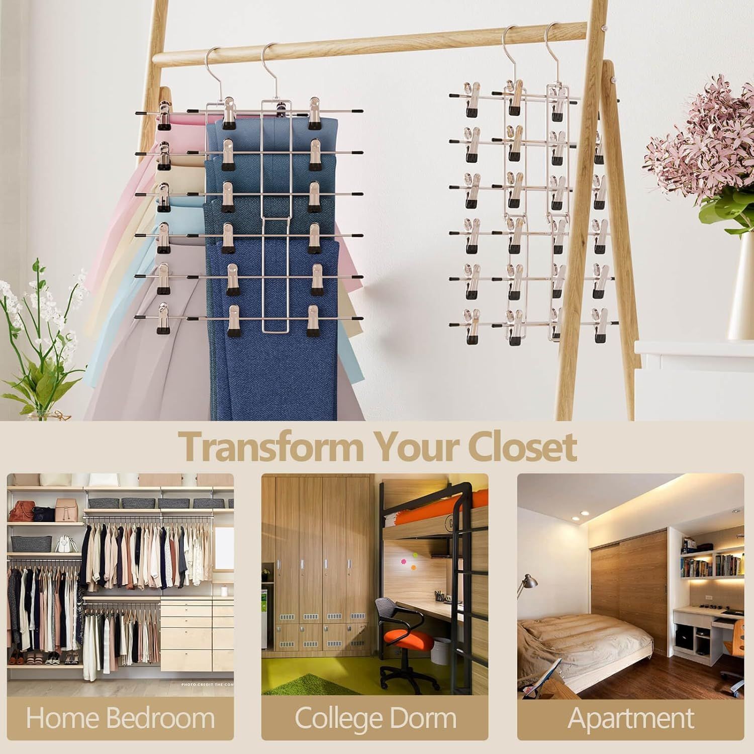 6-Tier Metal Clothing Organizer Hanger with 12 Adjustable Clips, 360° Swivel Hook, Foldable Design, and Rubber-Tipped Grips for Pants, Skirts, Bras, Sweaters, and Scarves—Space-Efficient Closet Solution (2 pack) - Image 4