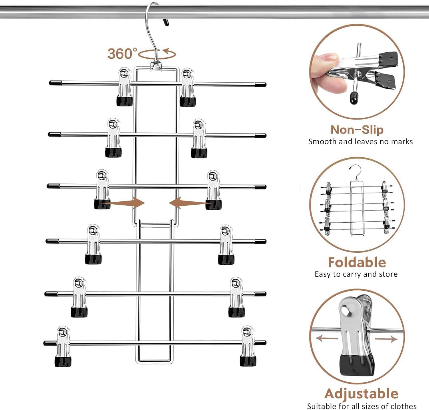 6-Tier Metal Clothing Organizer Hanger with 12 Adjustable Clips, 360° Swivel Hook, Foldable Design, and Rubber-Tipped Grips for Pants, Skirts, Bras, Sweaters, and Scarves—Space-Efficient Closet Solution (2 pack) - Image 5